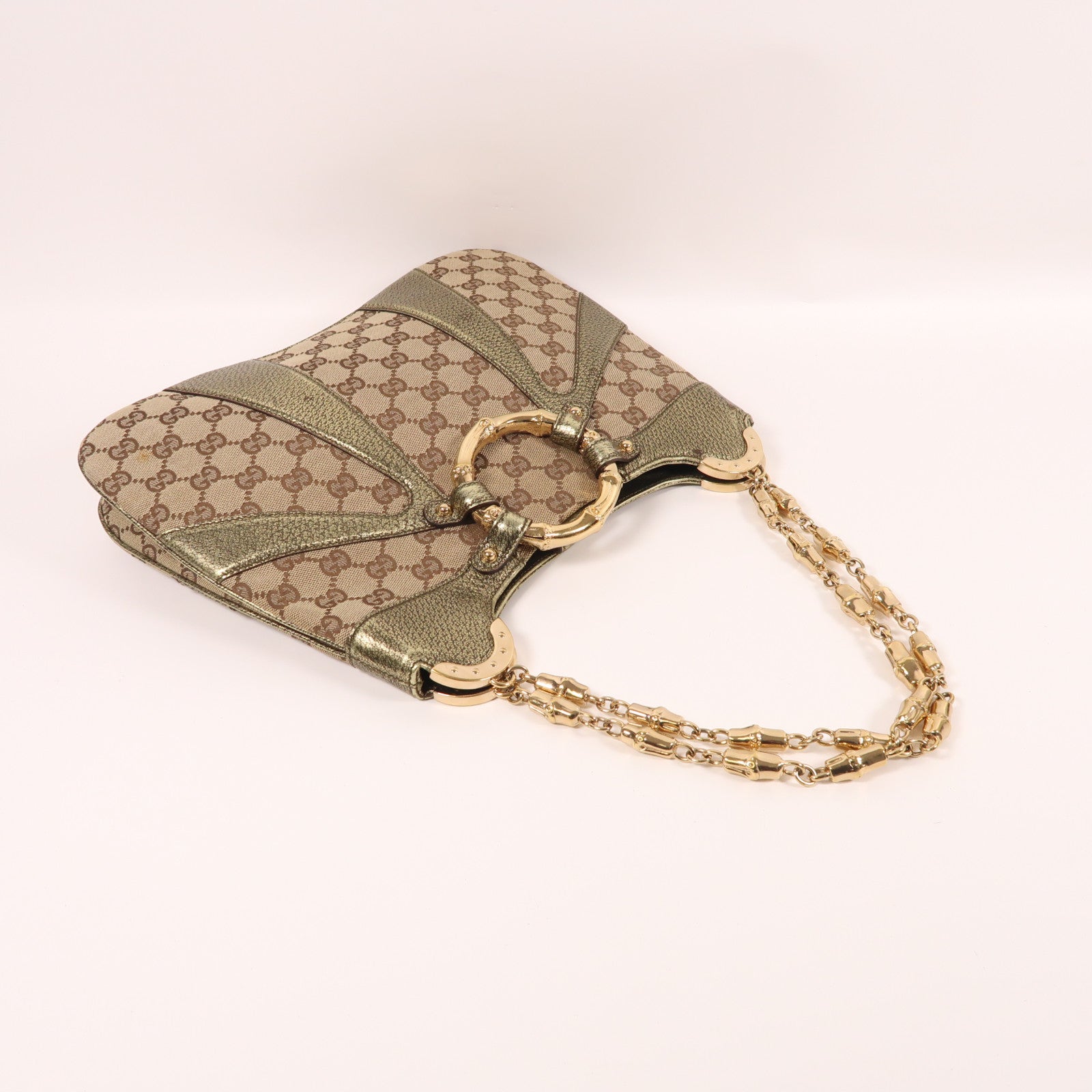 GUCCI 帆布Chain Shoulder金扣鏈帶肩背袋啡色