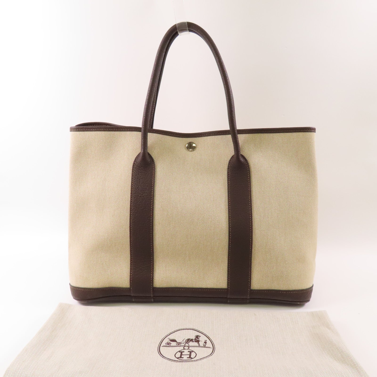 HERMES PHW Buffle Skipper Garden Party PM Handbag Canvas Leather Beige Biscuit