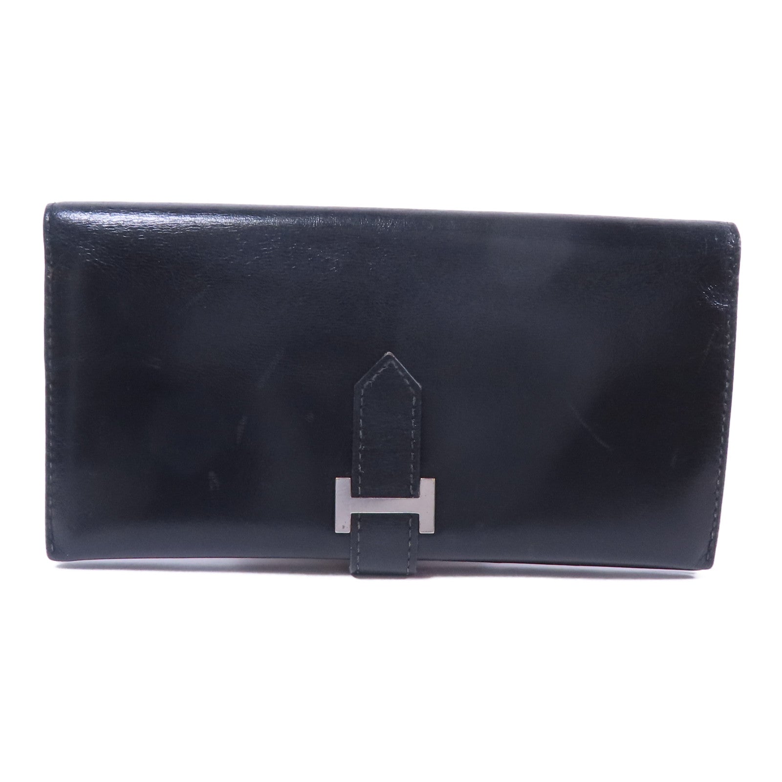 HERMES 【激減優惠】Boxcalf皮革Bearn銀扣長錢包Noir