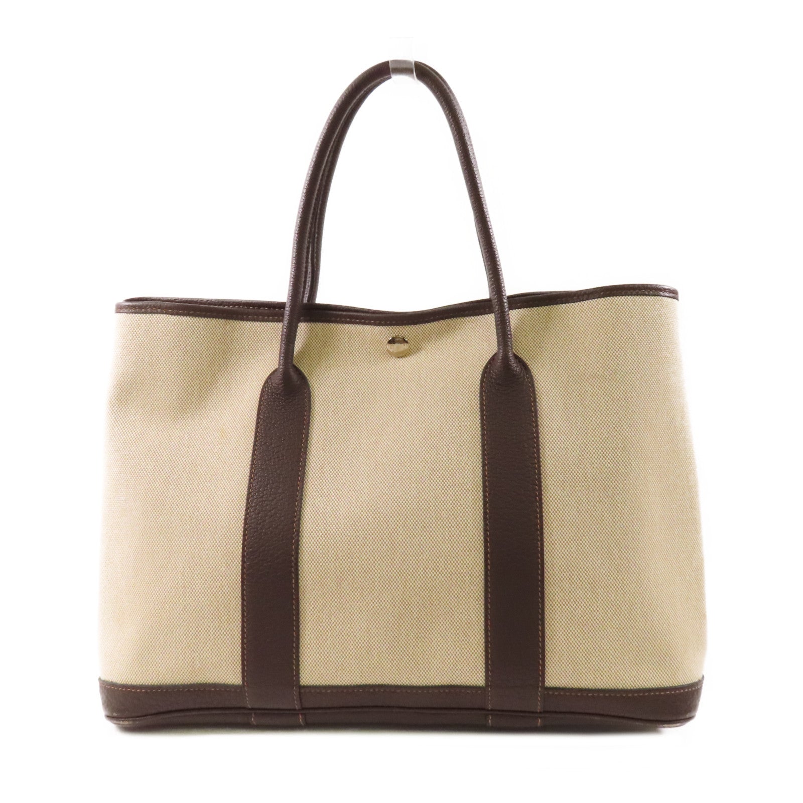 HERMES PHW Buffle Skipper Garden Party PM Handbag Canvas Leather Beige Biscuit
