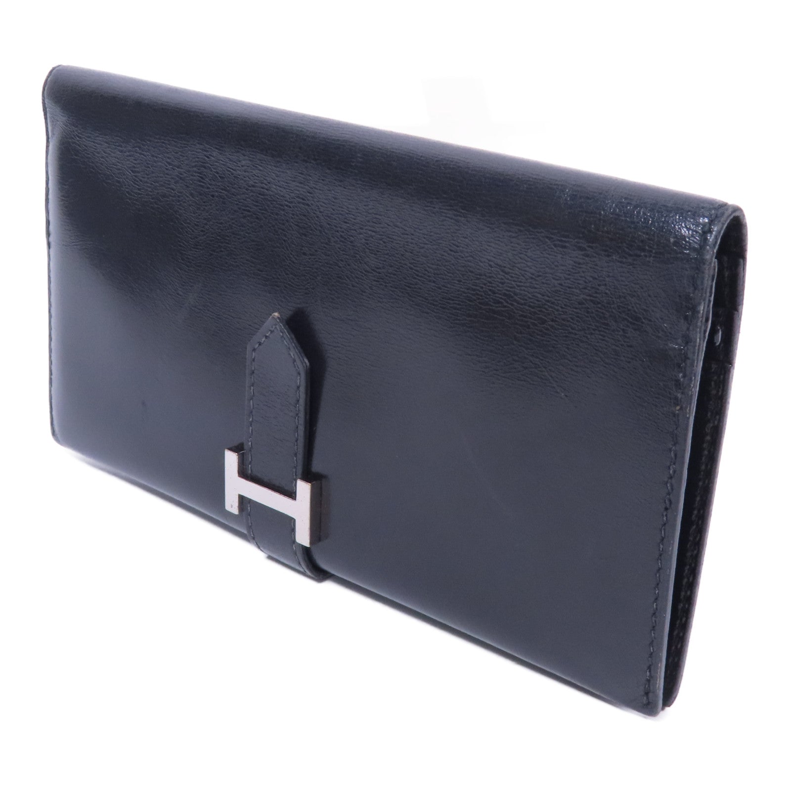 HERMES Boxcalf皮革Bearn銀扣長錢包Noir