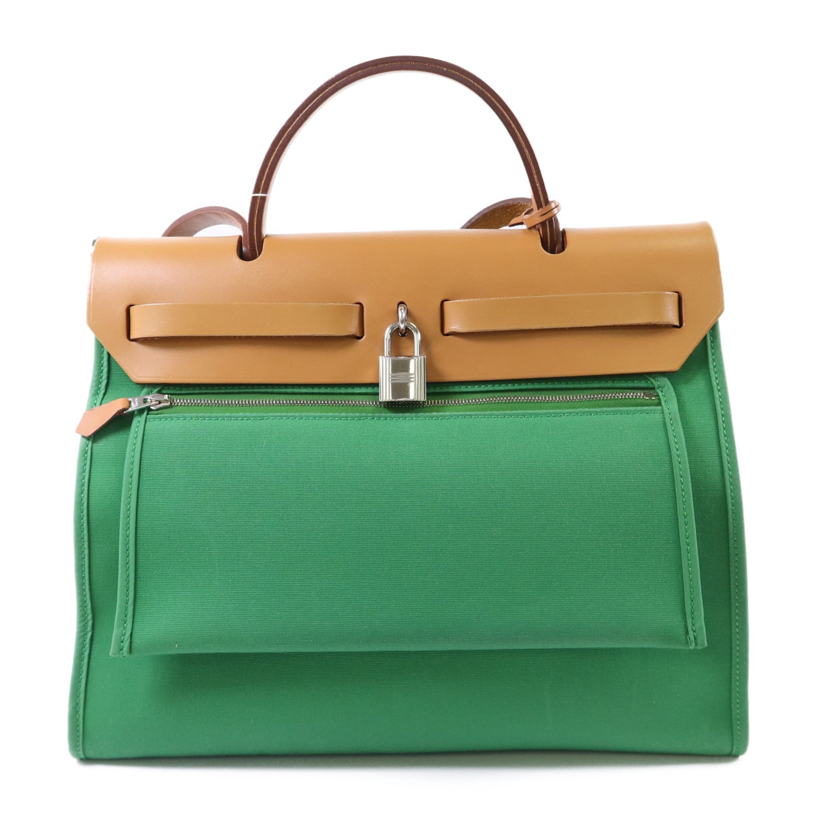 HERMES 帆布Herbag PM銀扣手挽肩背兩用袋Bamboo