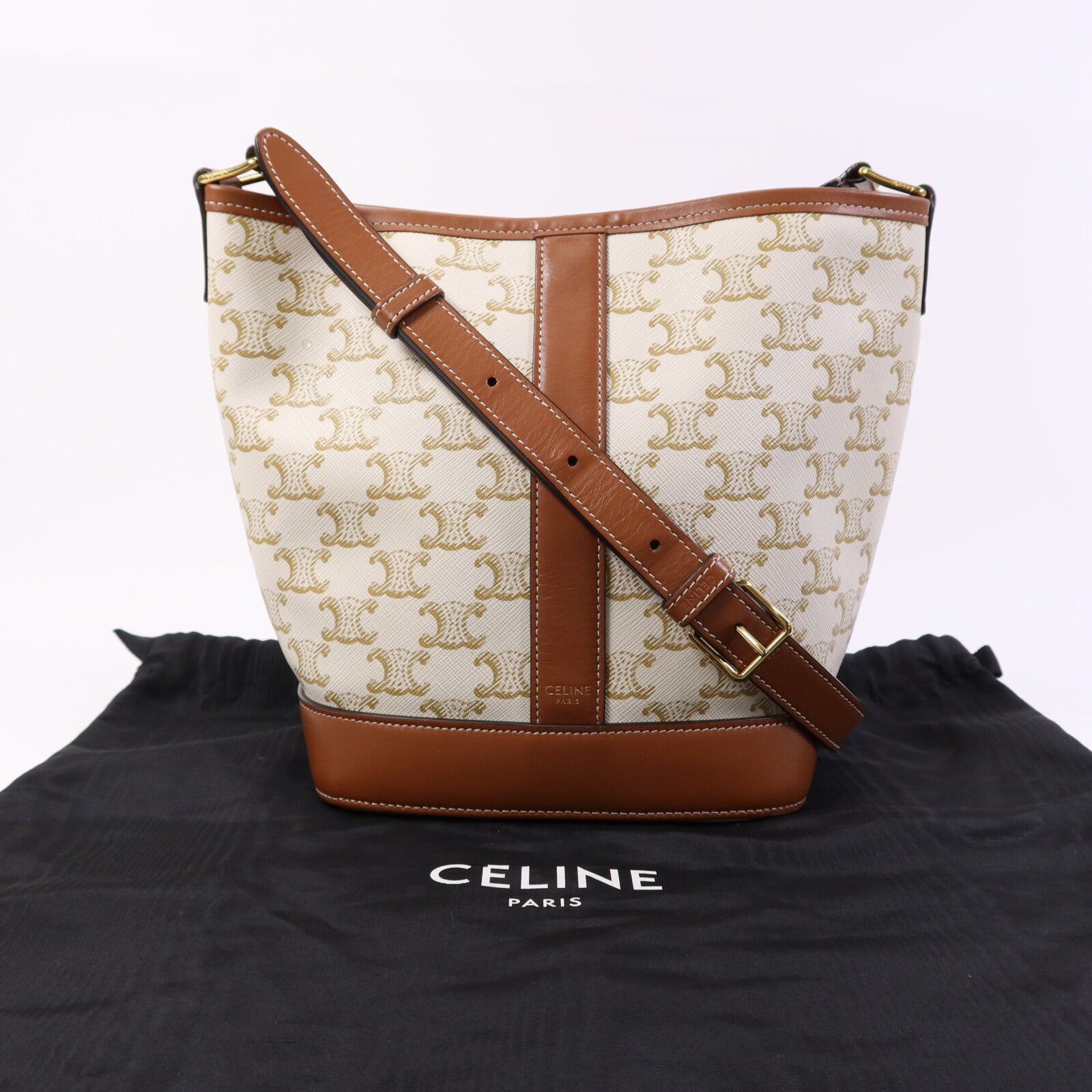 CELINE 塗層帆布Triomphe Bucket金扣肩背袋