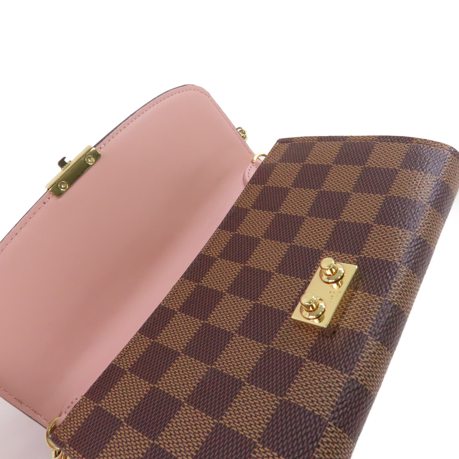 LOUIS VUITTON Damier Azur Croisette Chain Wallet Shoulder Bag金扣鏈帶肩背袋啡色/粉紅色
