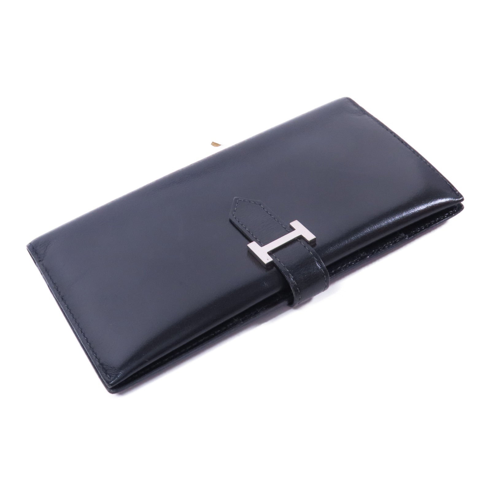 HERMES Boxcalf皮革Bearn銀扣長錢包Noir