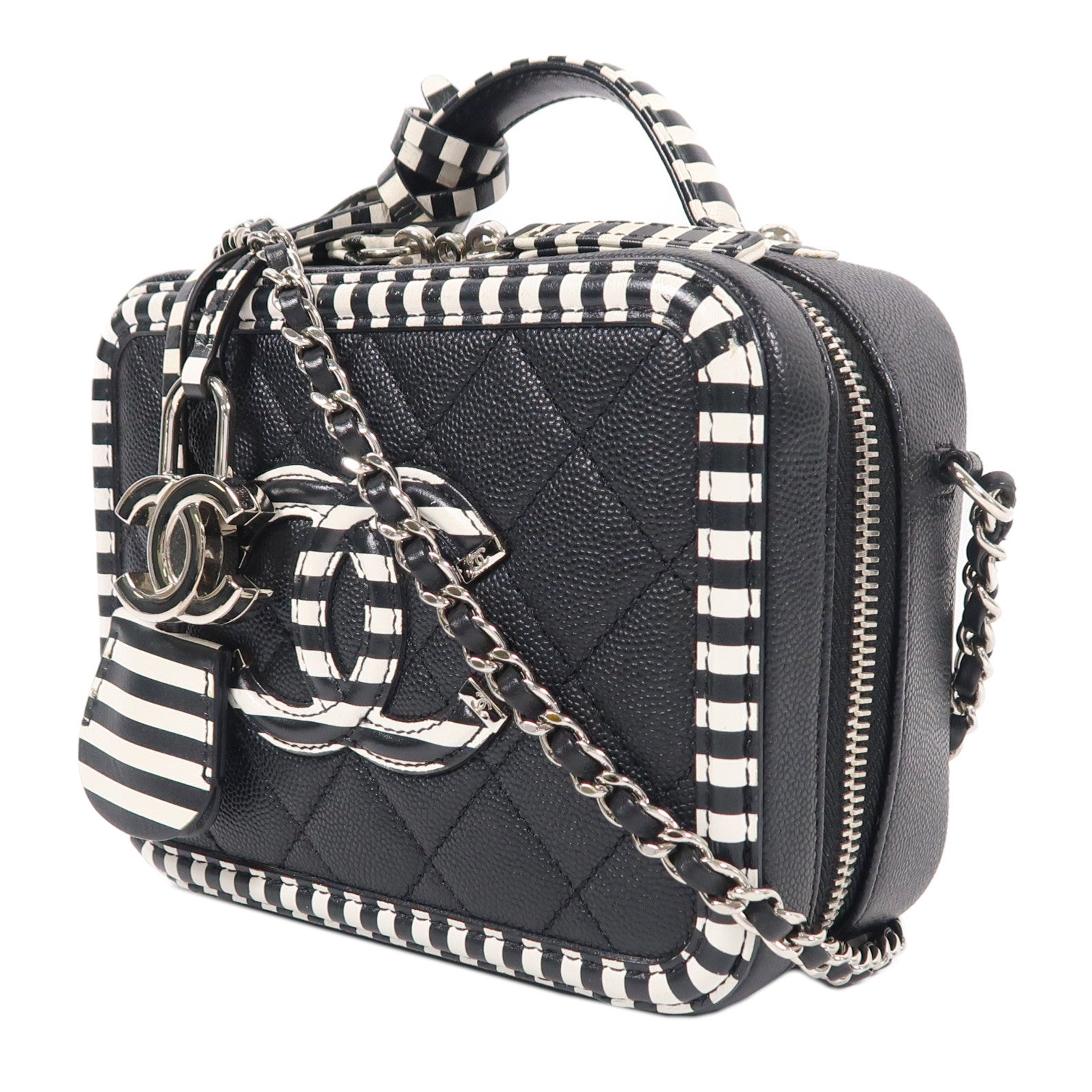 CHANEL 牛皮皮革Filigree Vanity Case銀扣手挽肩背兩用袋