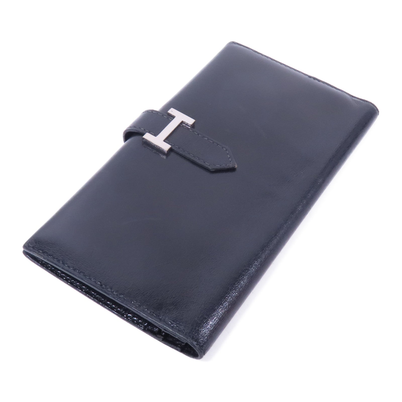 HERMES Boxcalf皮革Bearn銀扣長錢包Noir