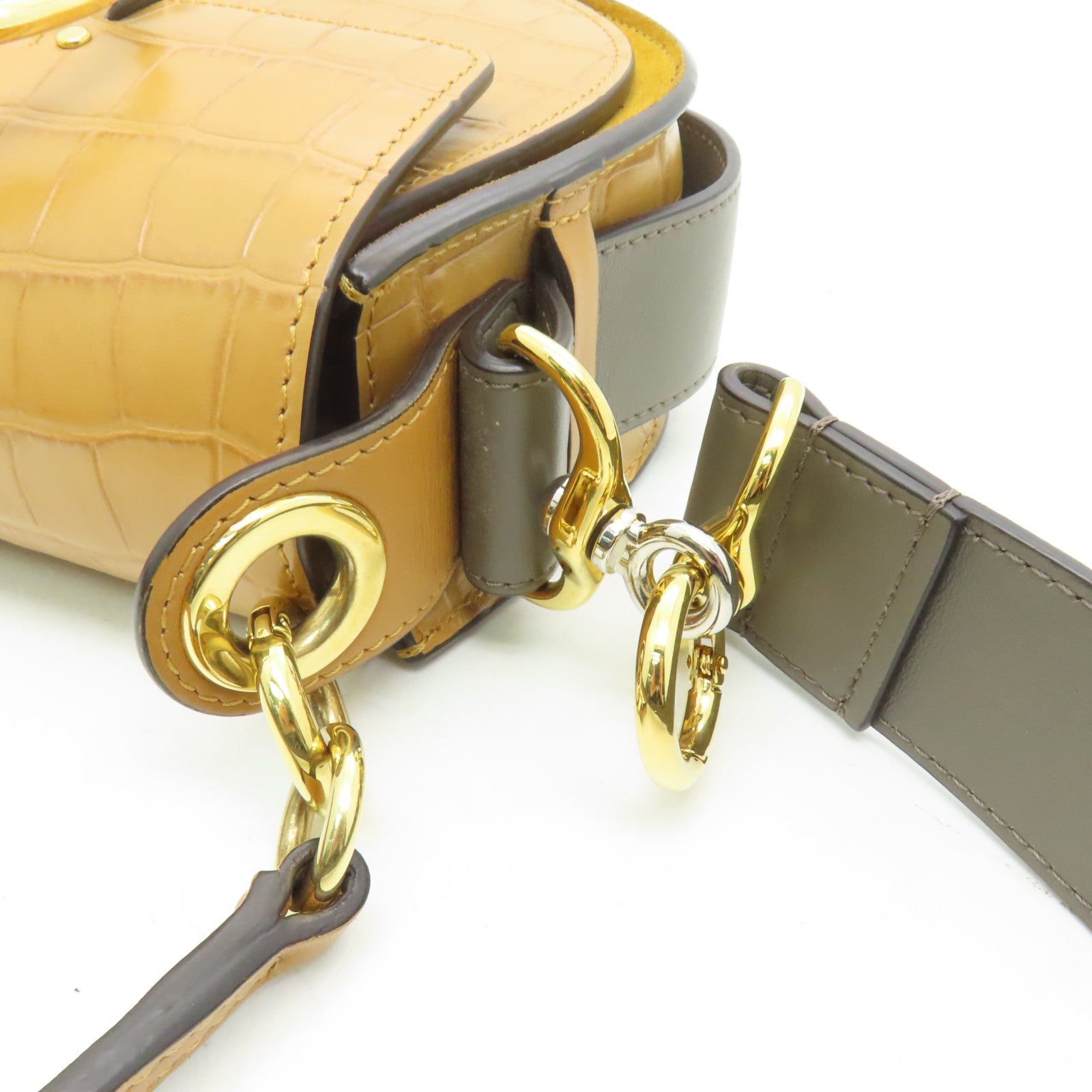 Chloe 【激減優惠】牛皮皮革2 Way Shoulder金扣/銀扣手挽肩背兩用袋芥末色