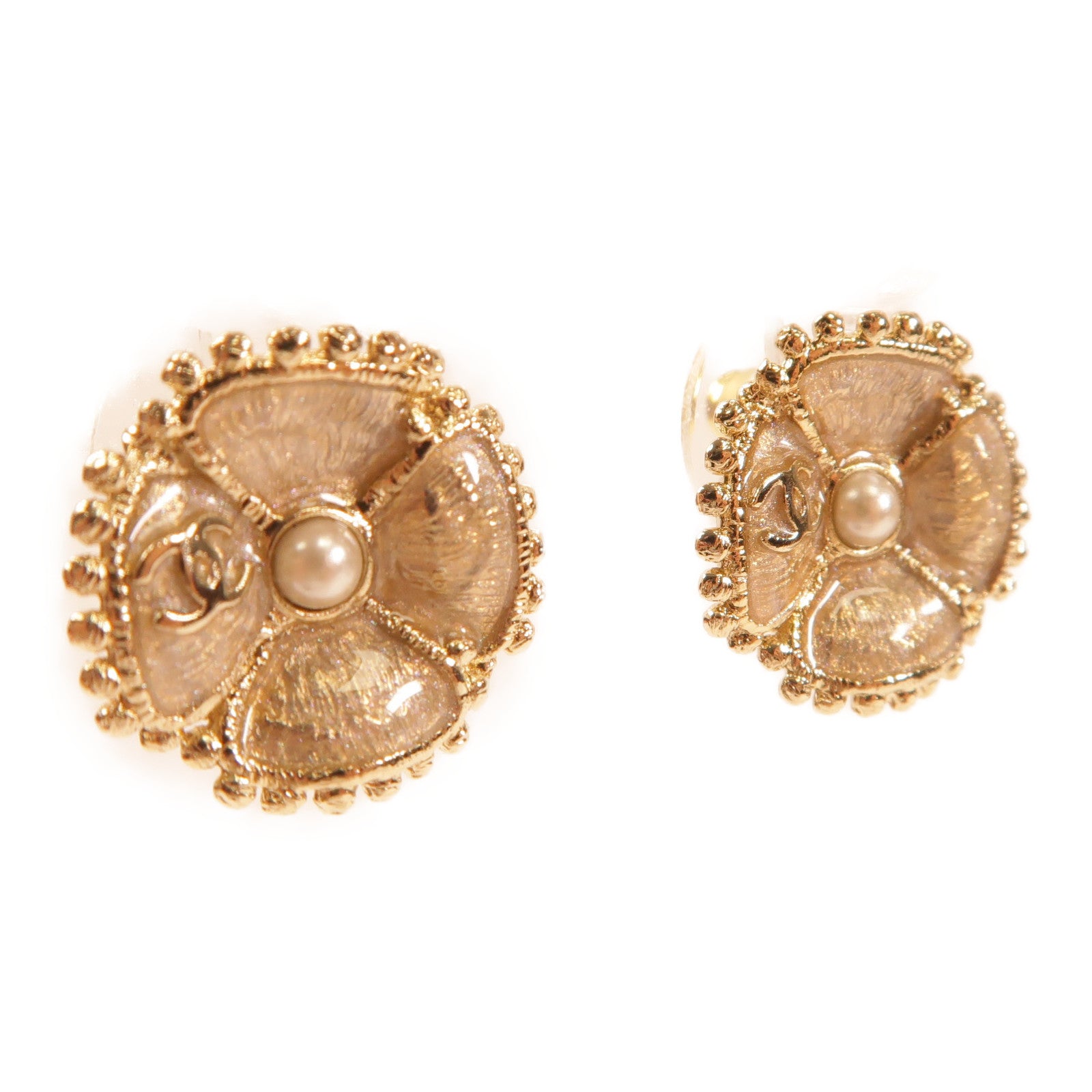 CHANEL CC Pierced Earring Metal PVC Gold White