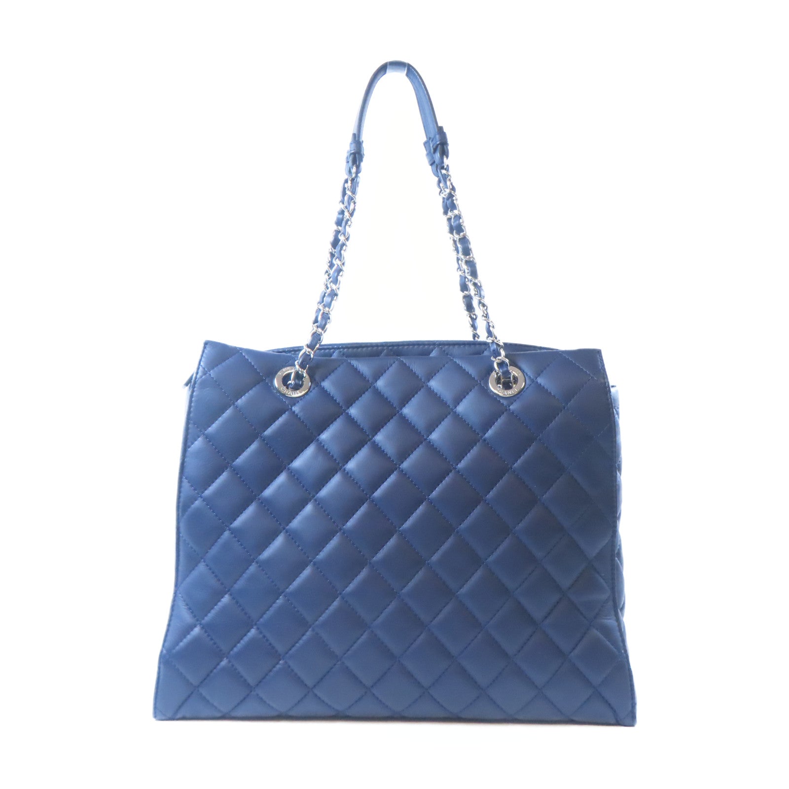 CHANEL 羊皮皮革Tote Bag銀扣肩背袋藍色