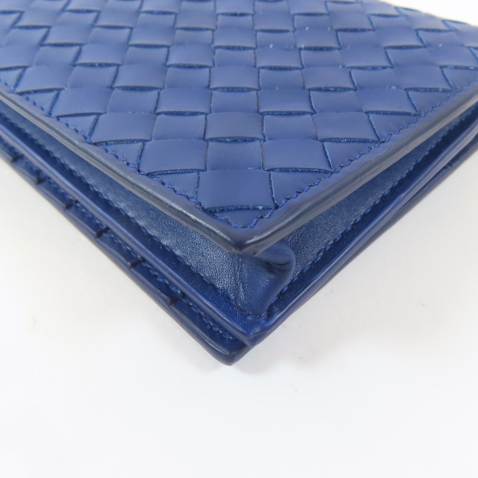 BOTTEGA VENETA 【激減優惠】織紋牛皮皮革Long Bifold Wallet黑扣長錢包藍色