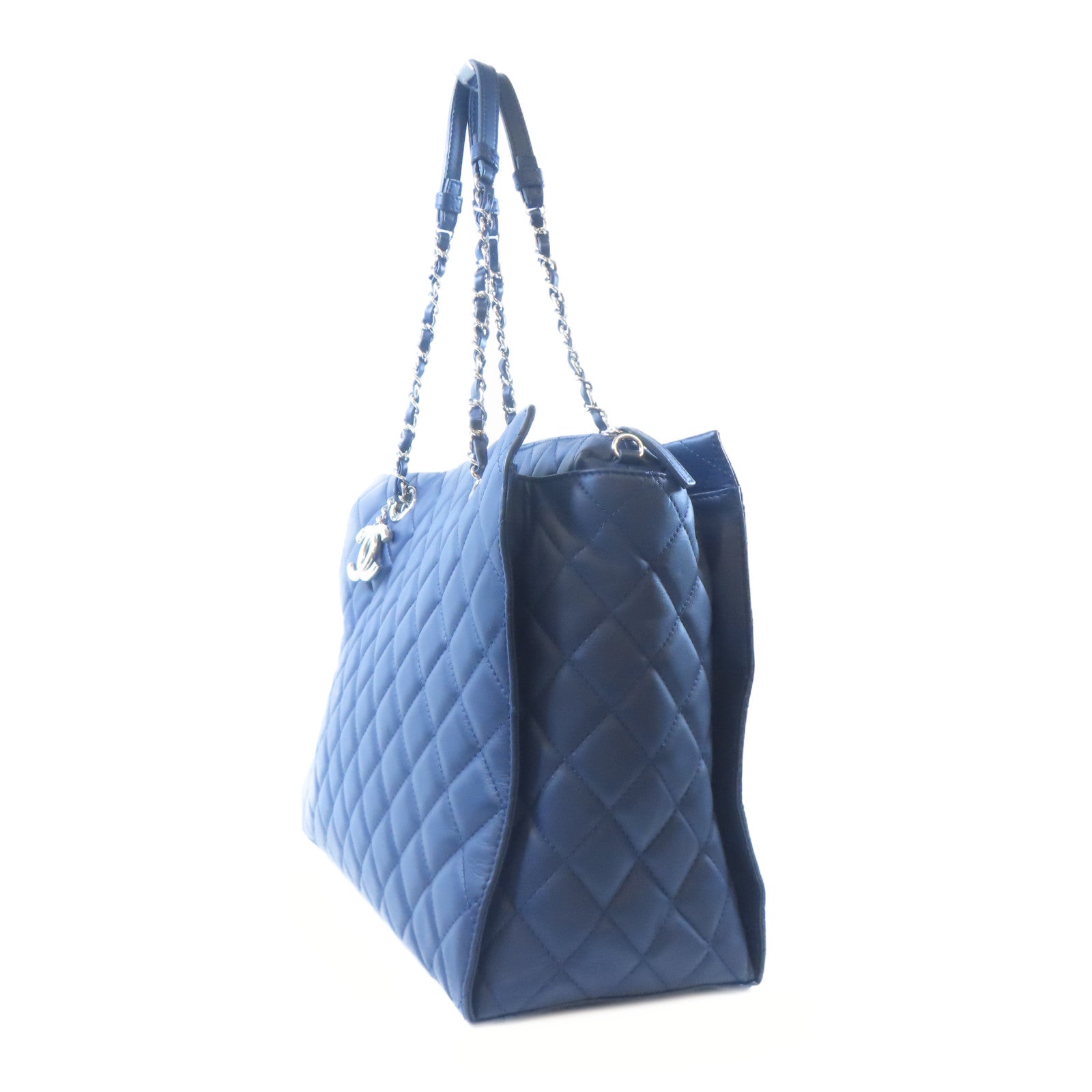 CHANEL 羊皮皮革Tote Bag銀扣肩背袋藍色
