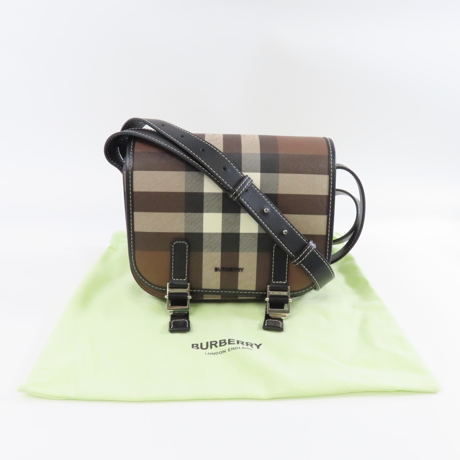 BURBERRY 帆布/皮革Shoulder Bag銀扣肩背袋啡色/黑色