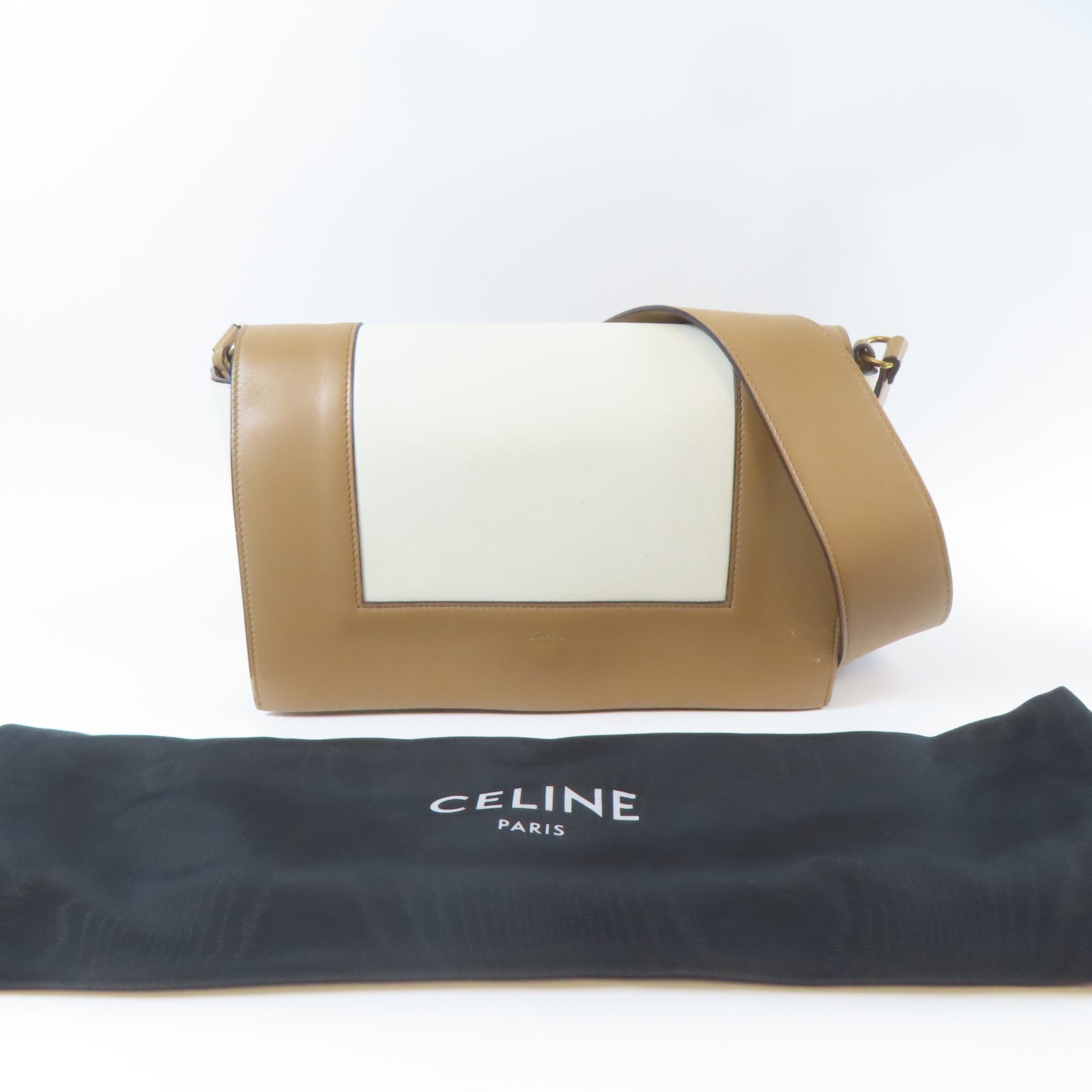 CELINE 牛皮皮革Frame Bag金扣肩背袋啡色/白色