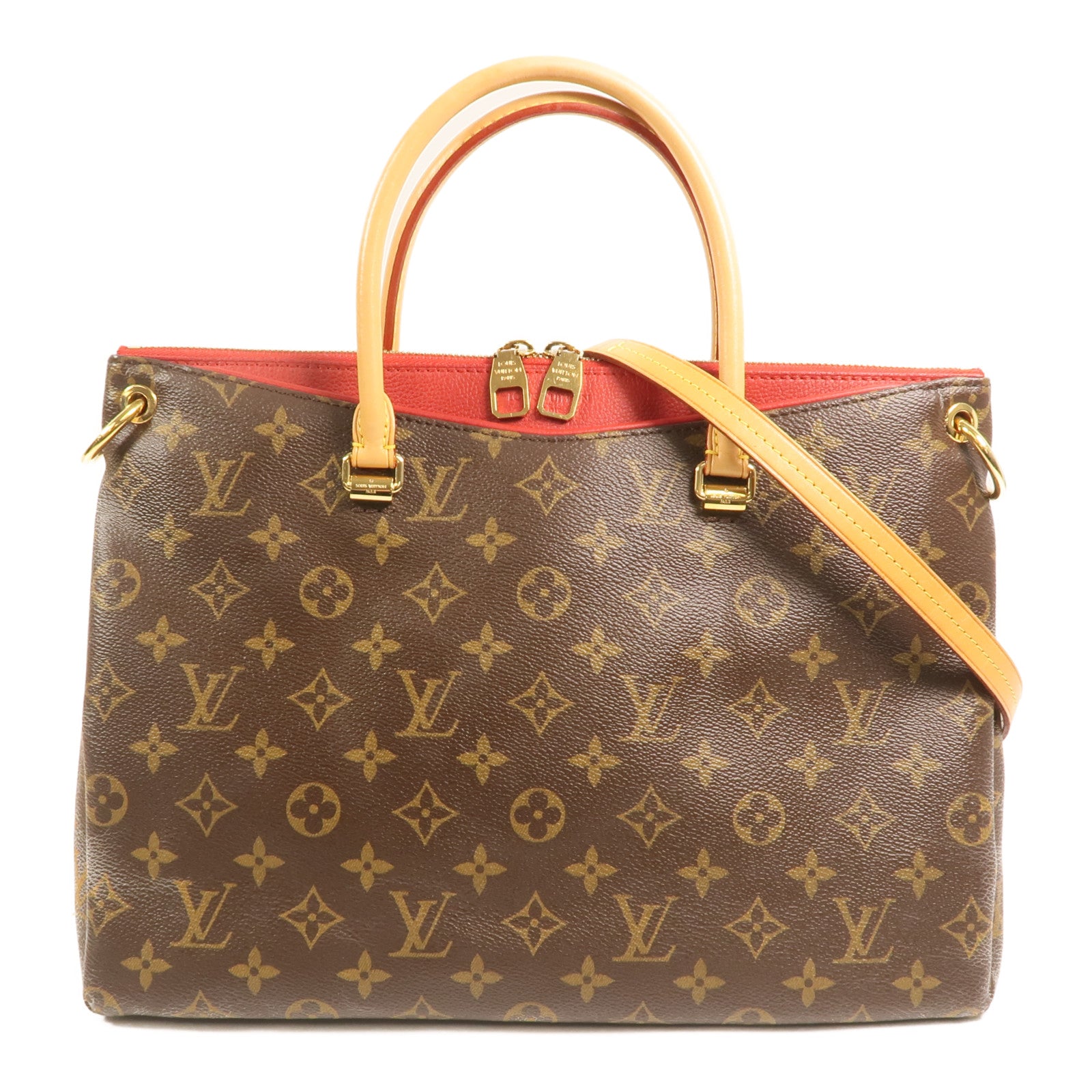 LOUIS VUITTON Monogram Pallas金扣手挽肩背兩用袋棕色/紅色