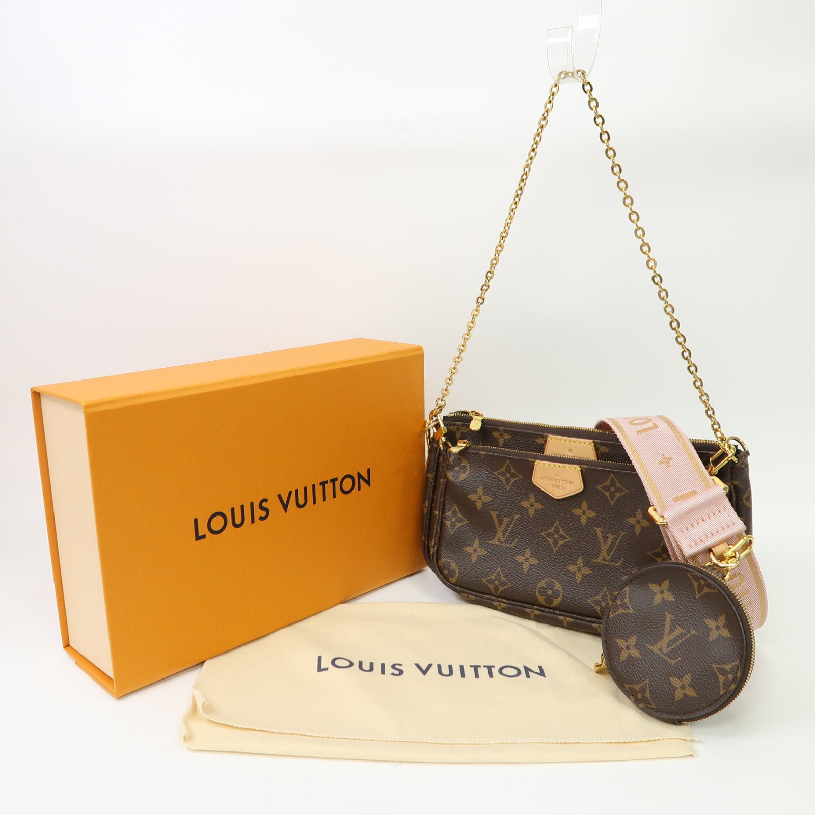LOUIS VUITTON Monogram Multi Pochette金扣手挽肩背兩用袋啡色/粉紅色