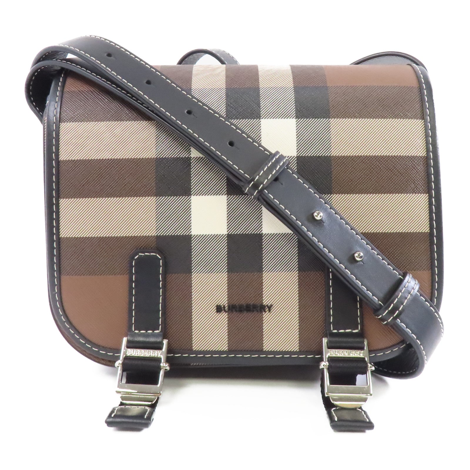 BURBERRY 帆布/皮革Shoulder Bag銀扣肩背袋啡色/黑色