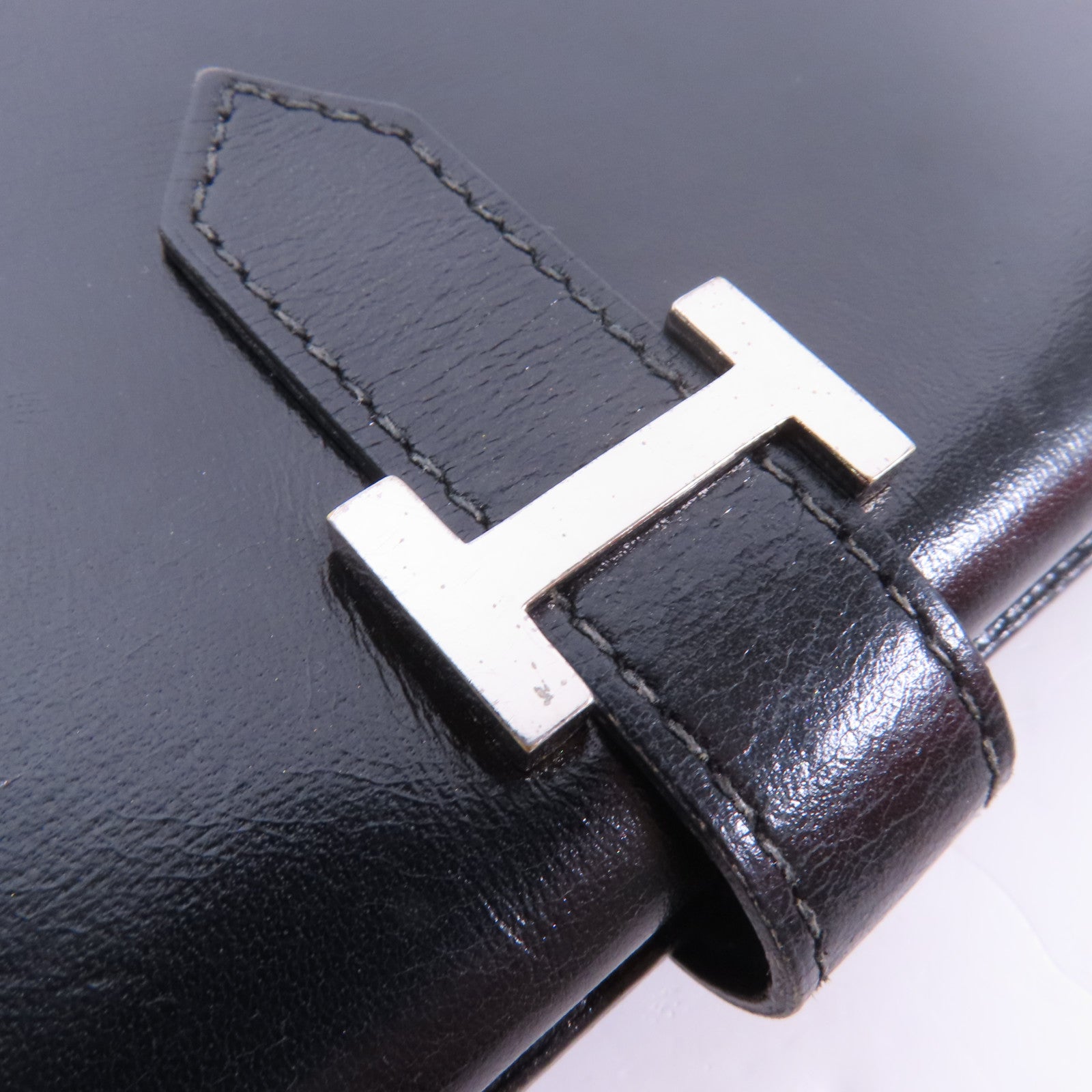 HERMES Boxcalf皮革Bearn銀扣長錢包Noir