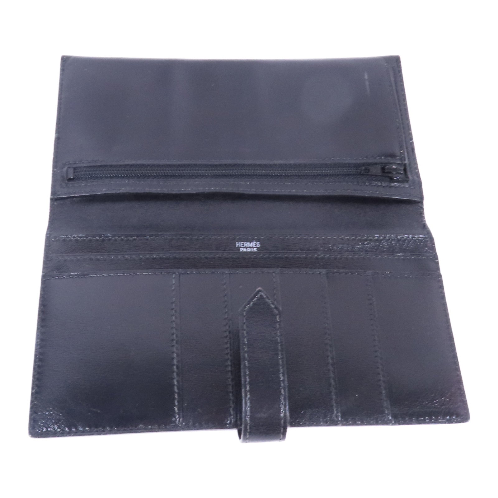 HERMES Boxcalf皮革Bearn銀扣長錢包Noir