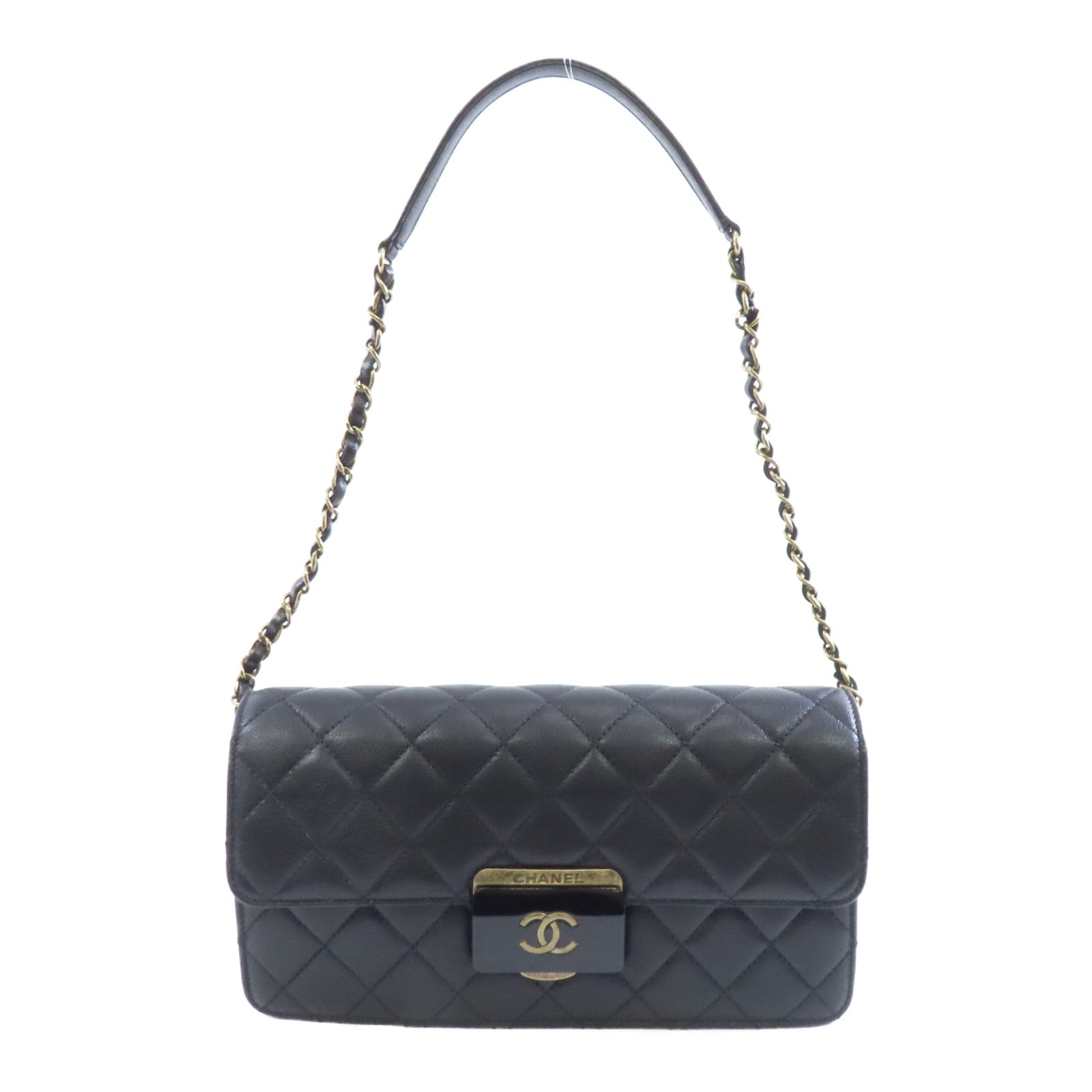CHANEL 菱格牛皮皮革Chain Shoulder金扣鏈帶肩背袋黑色