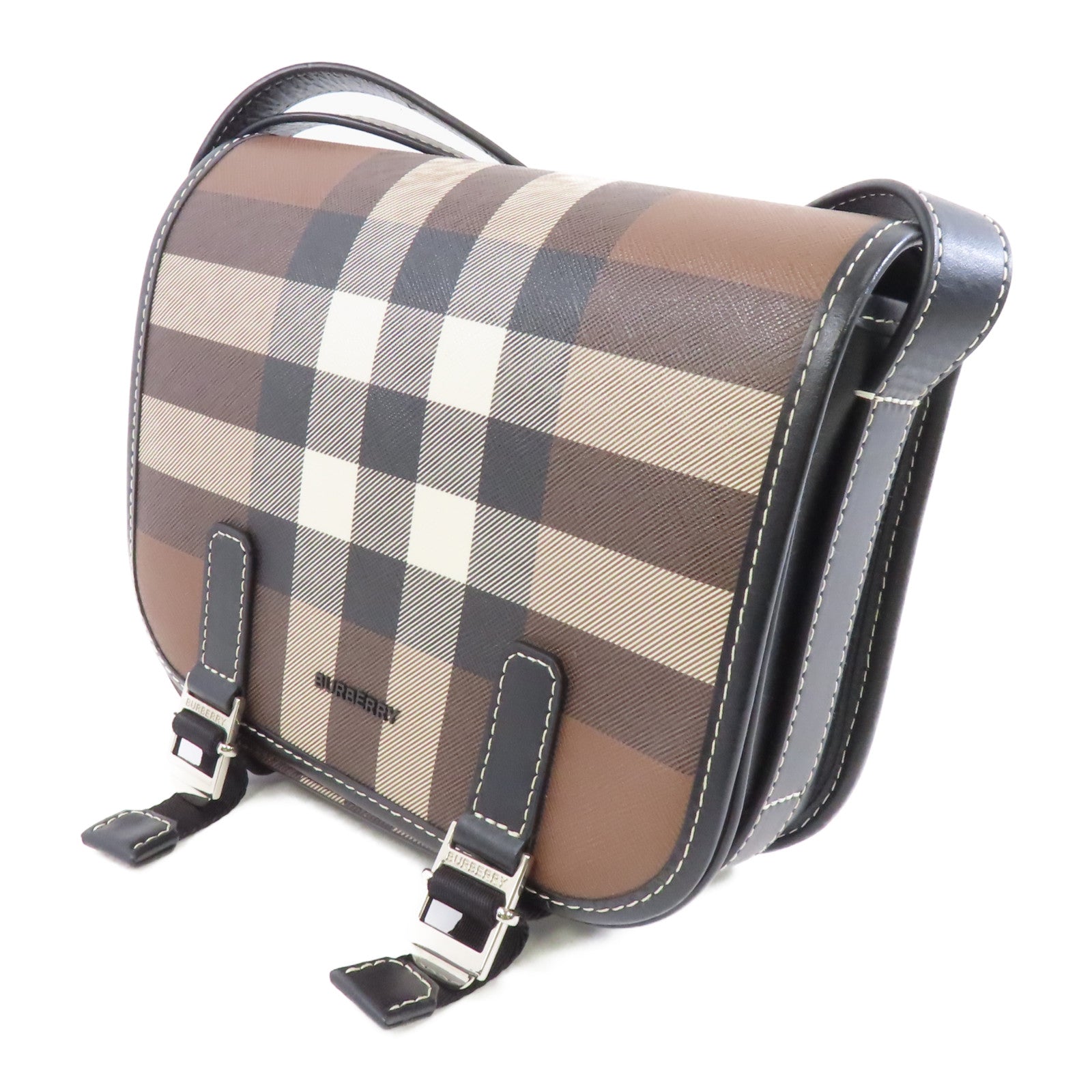 BURBERRY 帆布/皮革Shoulder Bag銀扣肩背袋啡色/黑色