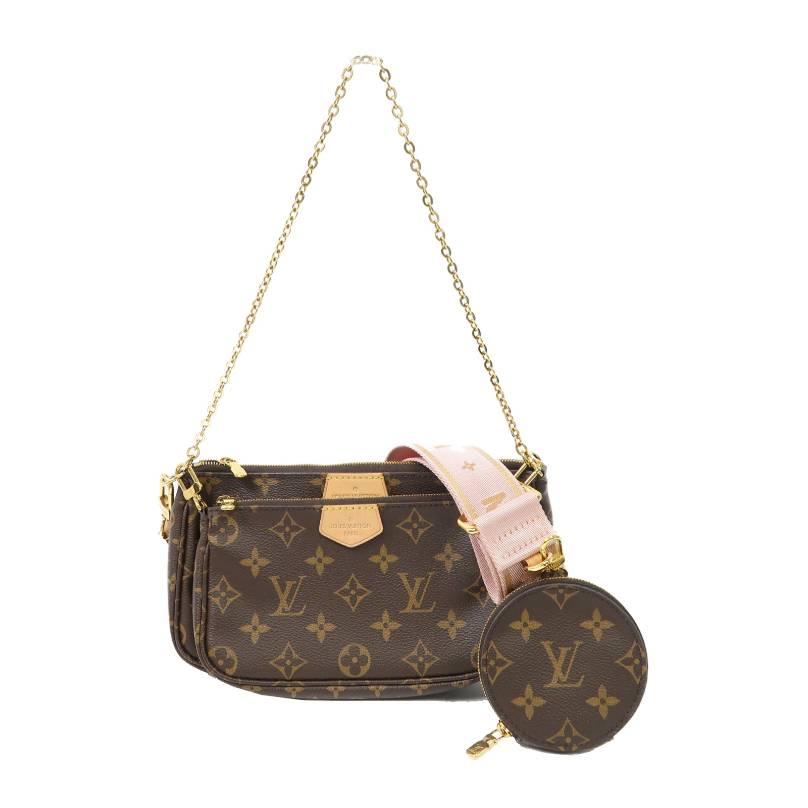 LOUIS VUITTON Monogram Multi Pochette金扣手挽肩背兩用袋啡色/粉紅色