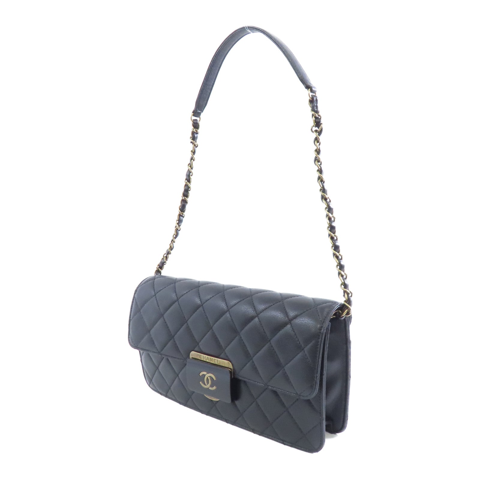 CHANEL 菱格牛皮皮革Chain Shoulder金扣鏈帶肩背袋黑色