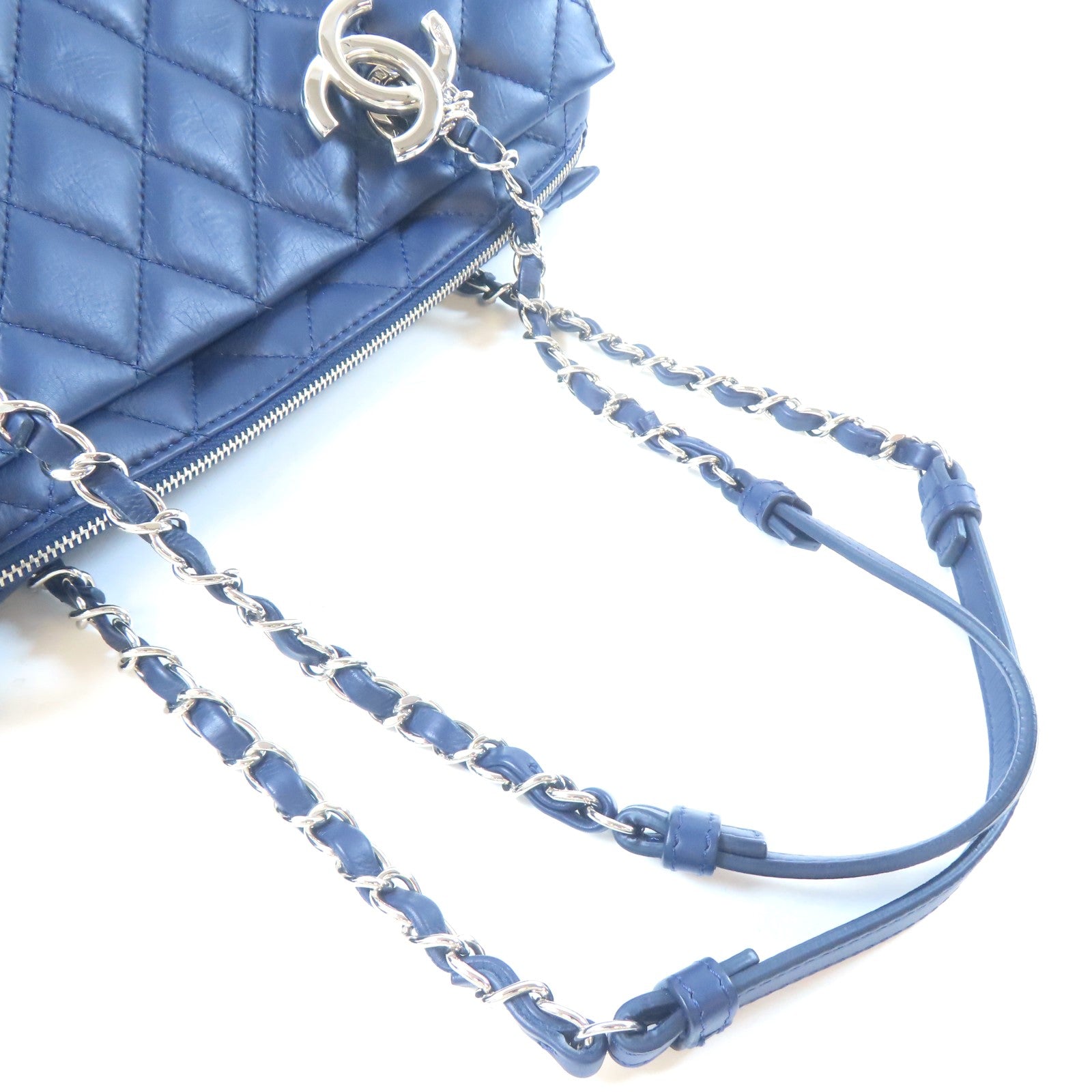 CHANEL 羊皮皮革Tote Bag銀扣肩背袋藍色
