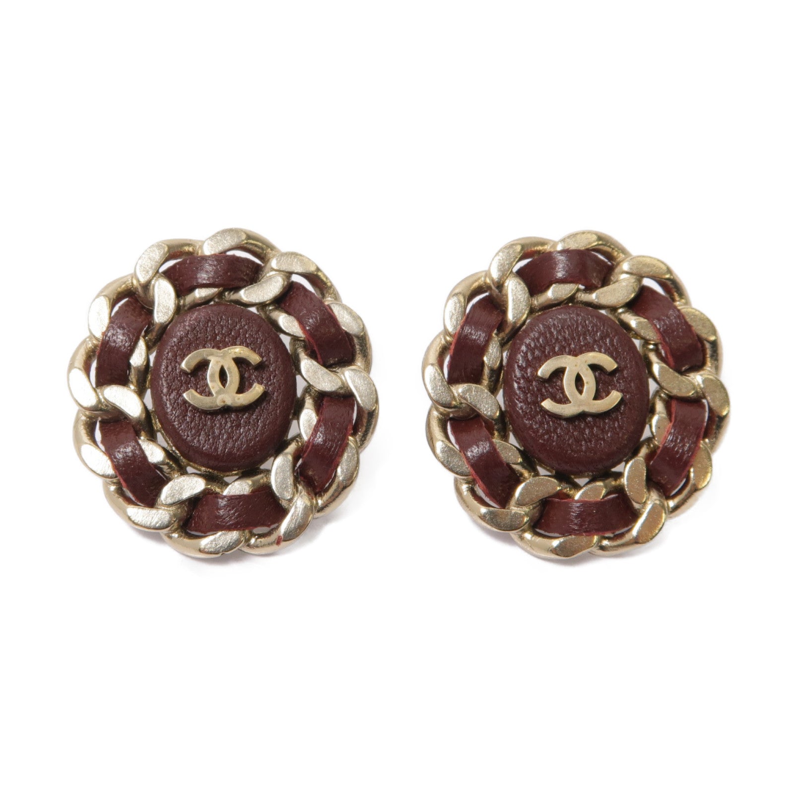 CHANEL 金屬/皮革Earrings金色/酒紅色