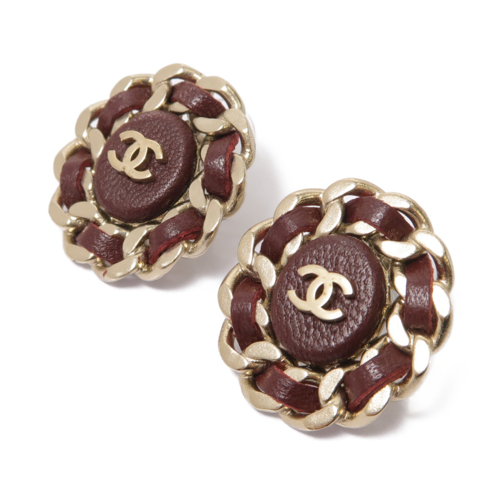 CHANEL 金屬/皮革Earrings金色/酒紅色