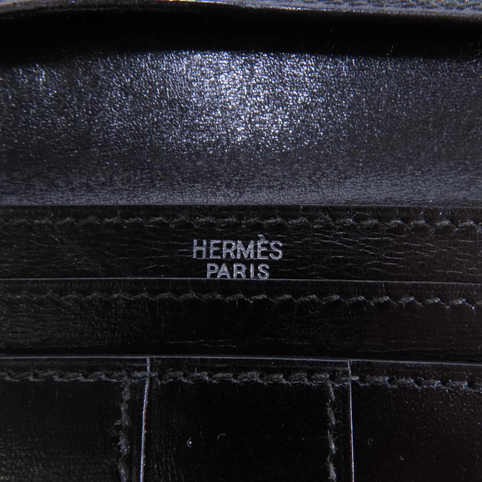 HERMES Boxcalf皮革Bearn銀扣長錢包Noir