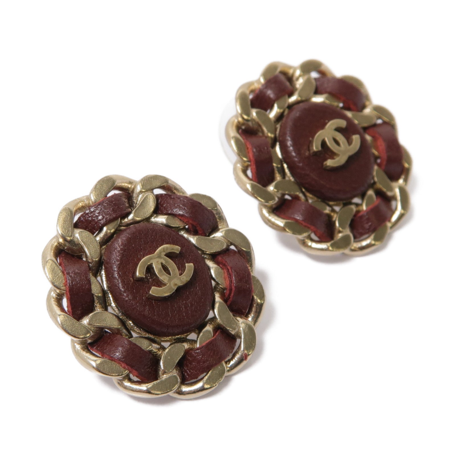 CHANEL 金屬/皮革Earrings金色/酒紅色