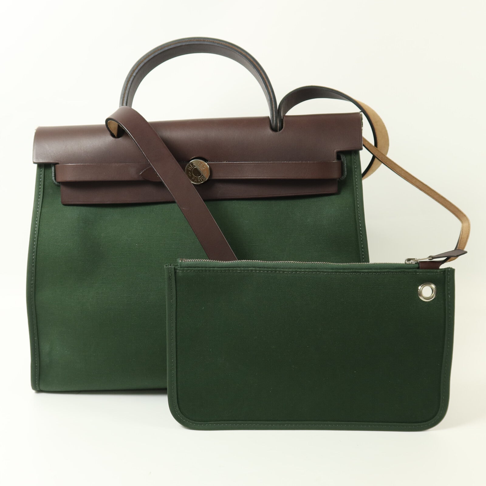 HERMES 帆布Herbag PM銀扣手挽肩背兩用袋Vert Anglais