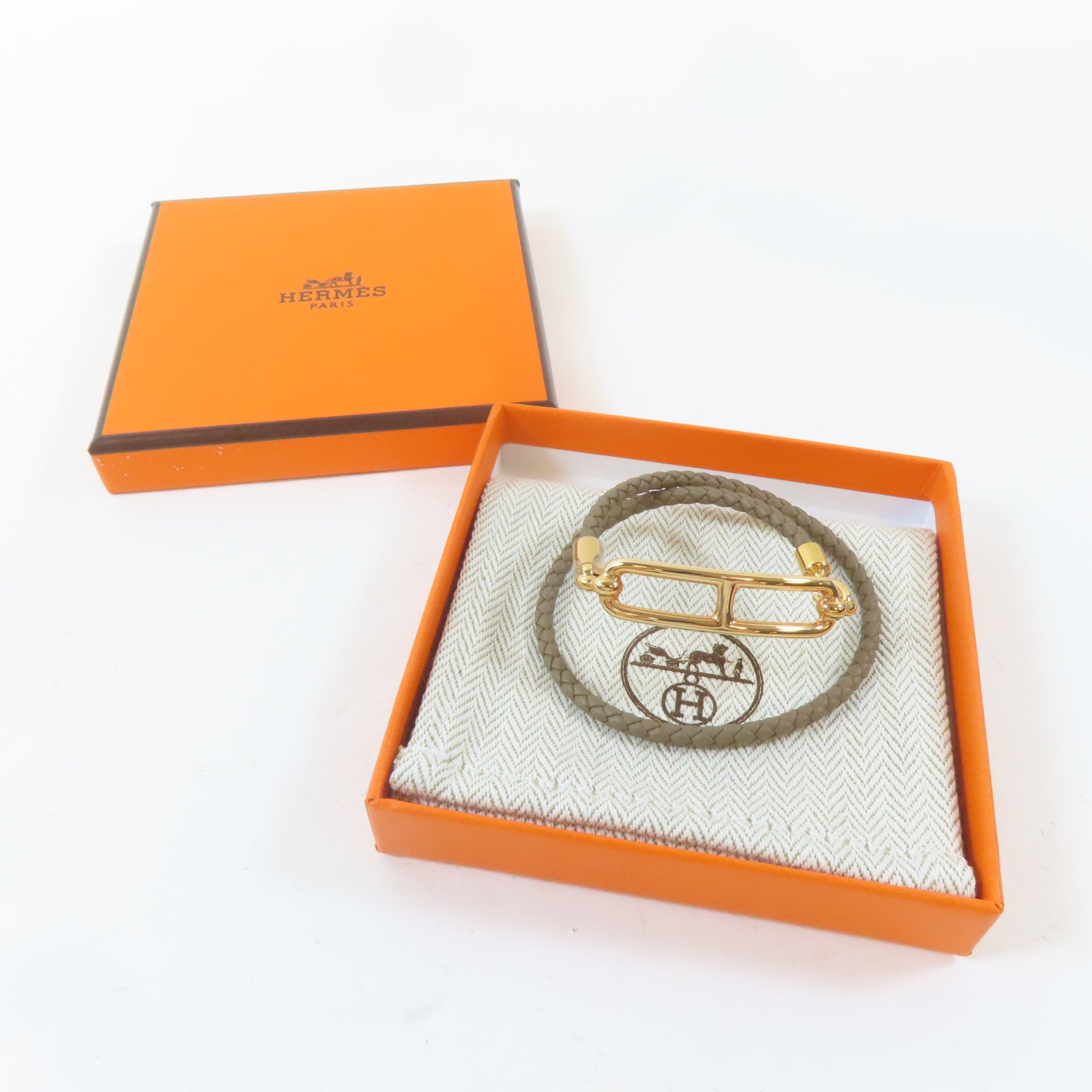 HERMES 皮革Roulis Double Tour Bracelet金扣手鐲啡色#14cm