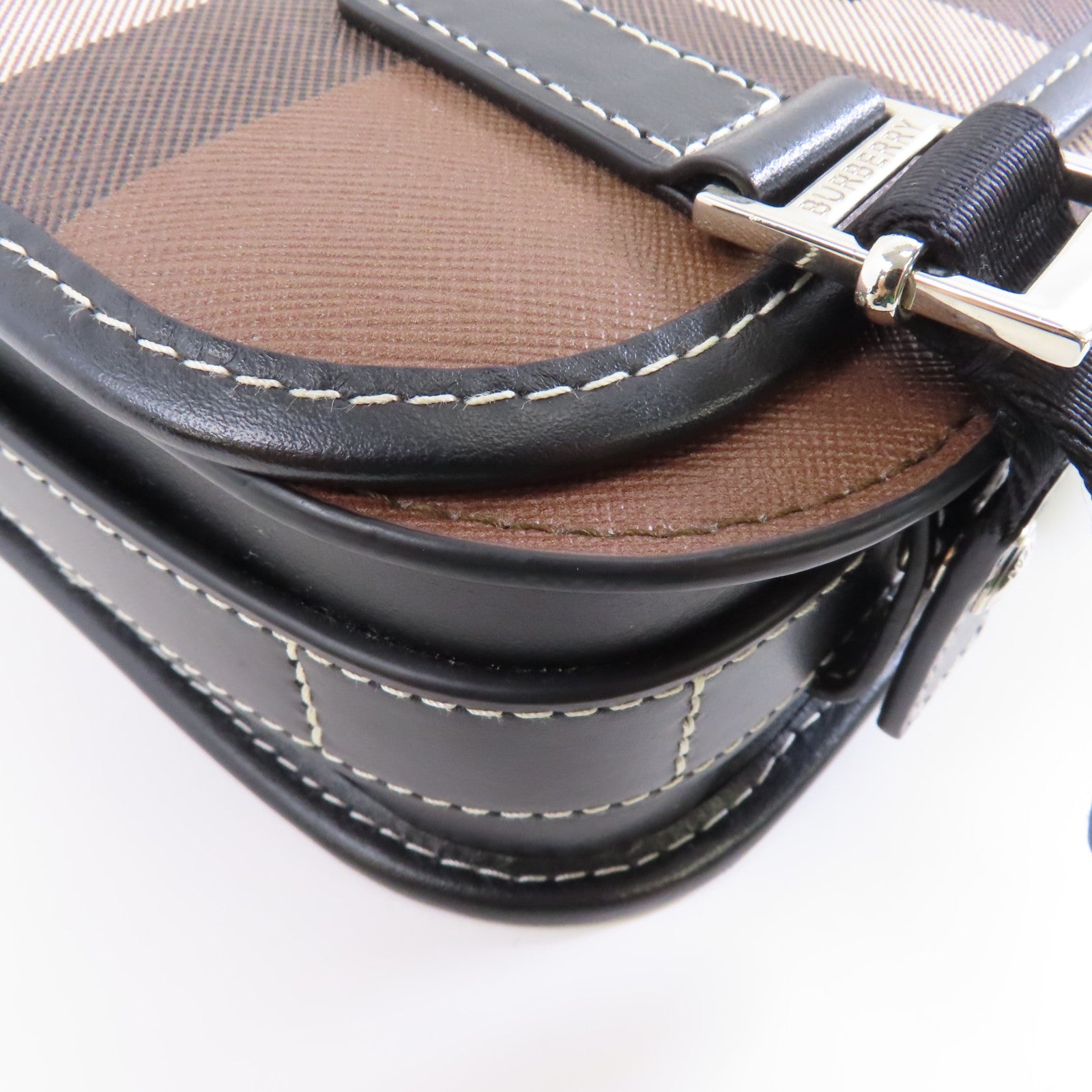 BURBERRY 帆布/皮革Shoulder Bag銀扣肩背袋啡色/黑色