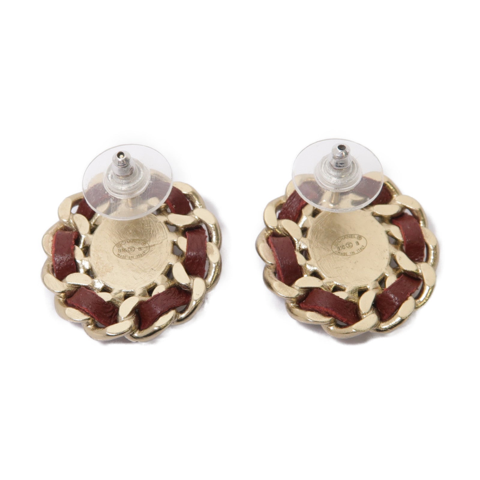 CHANEL 金屬/皮革Earrings金色/酒紅色