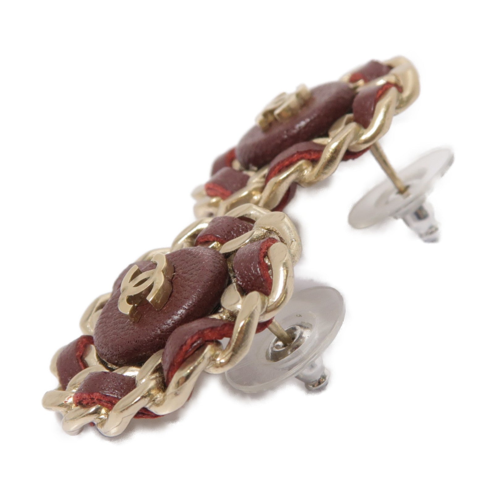 CHANEL 金屬/皮革Earrings金色/酒紅色