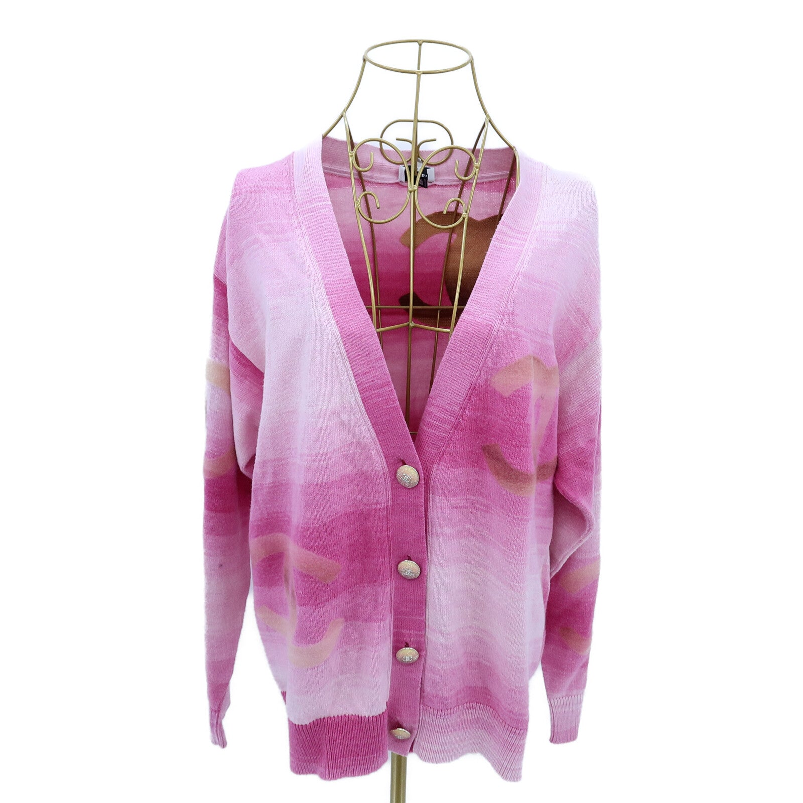 CHANEL Cotton/Cashmere Coco Mark Rhinestone Button Knit Cardigan針織