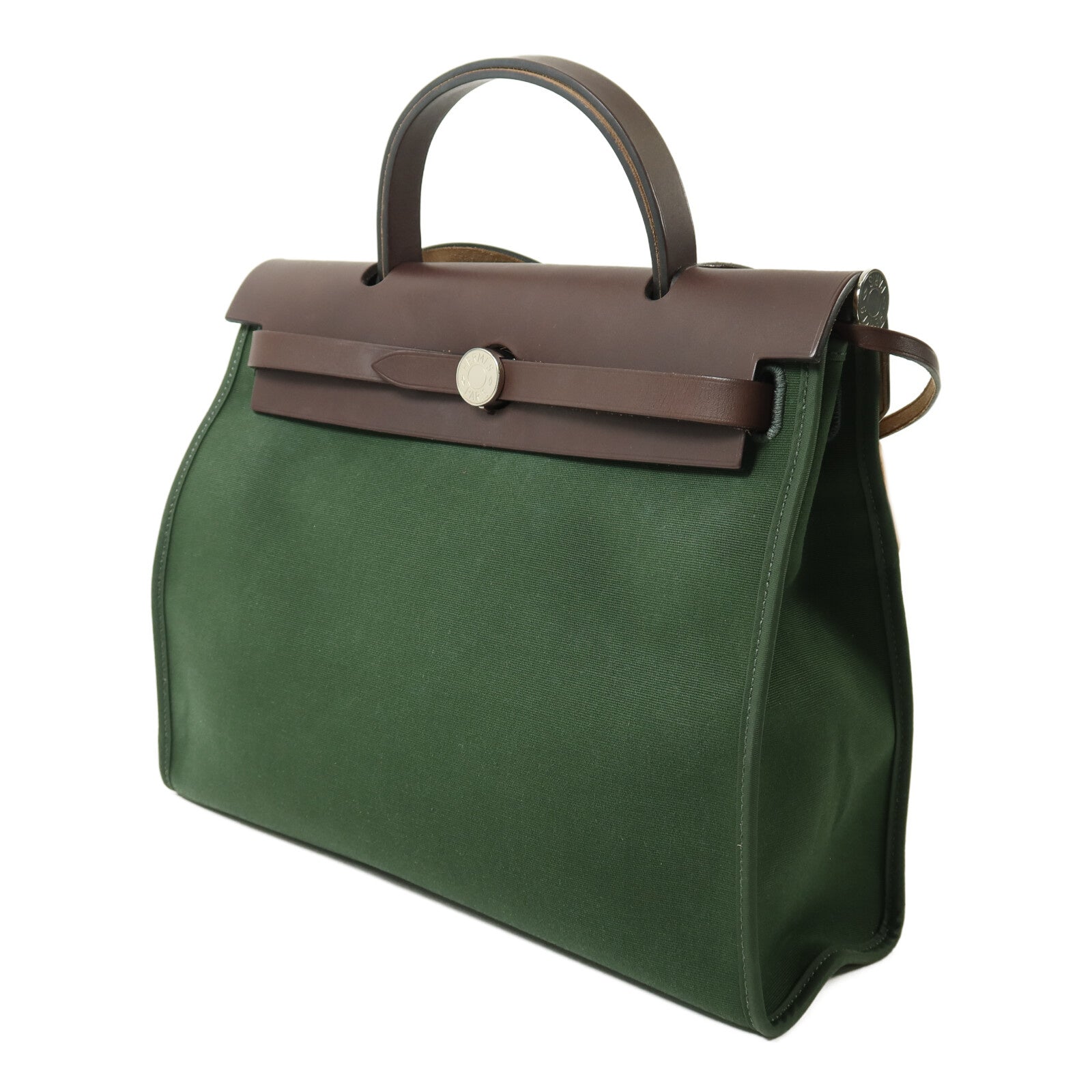 HERMES 帆布Herbag PM銀扣手挽肩背兩用袋Vert Anglais