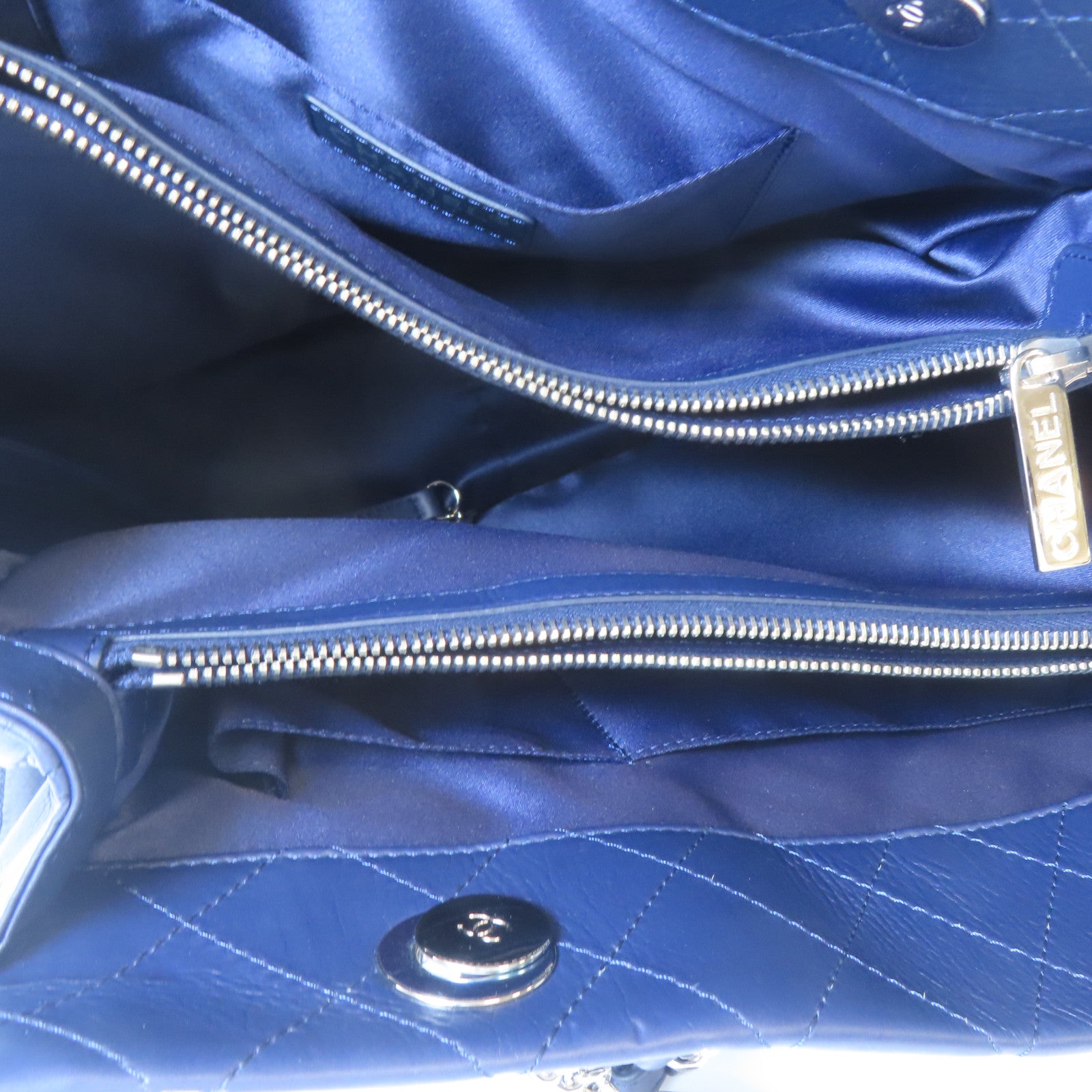 CHANEL 羊皮皮革Tote Bag銀扣肩背袋藍色