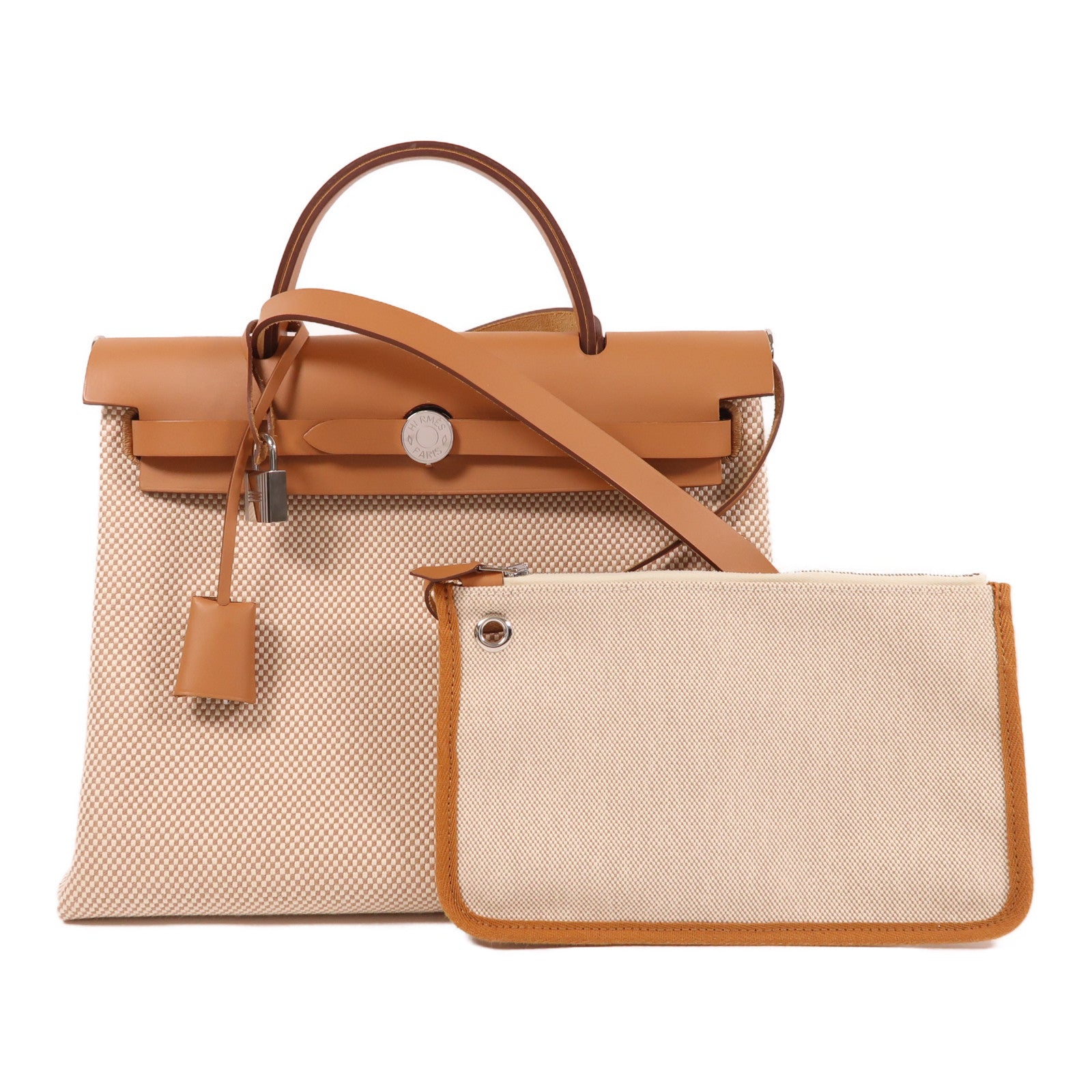 HERMES 帆布Herbag PM銀扣手挽肩背兩用袋米色/焦糖色