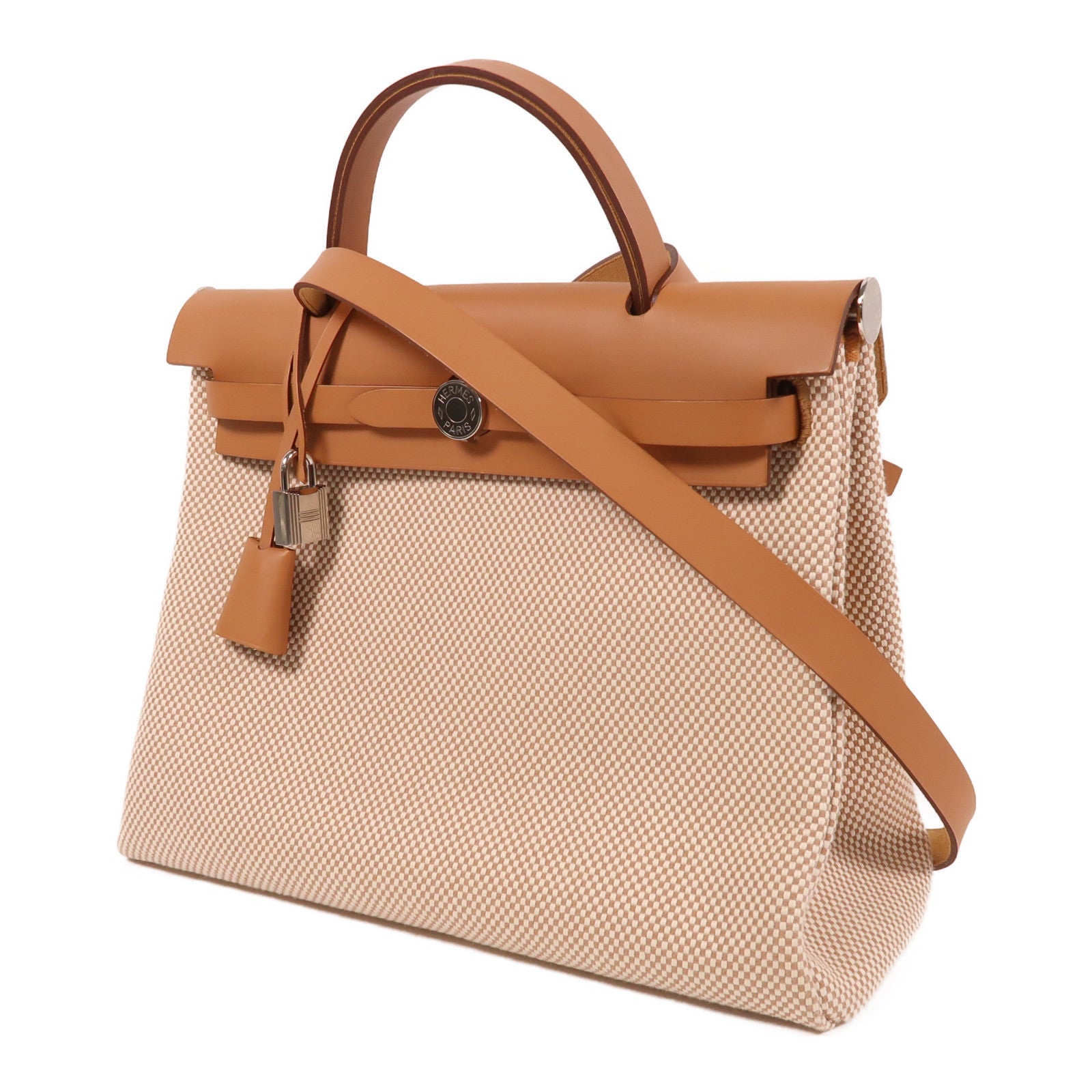 HERMES 帆布Herbag PM銀扣手挽肩背兩用袋米色/焦糖色