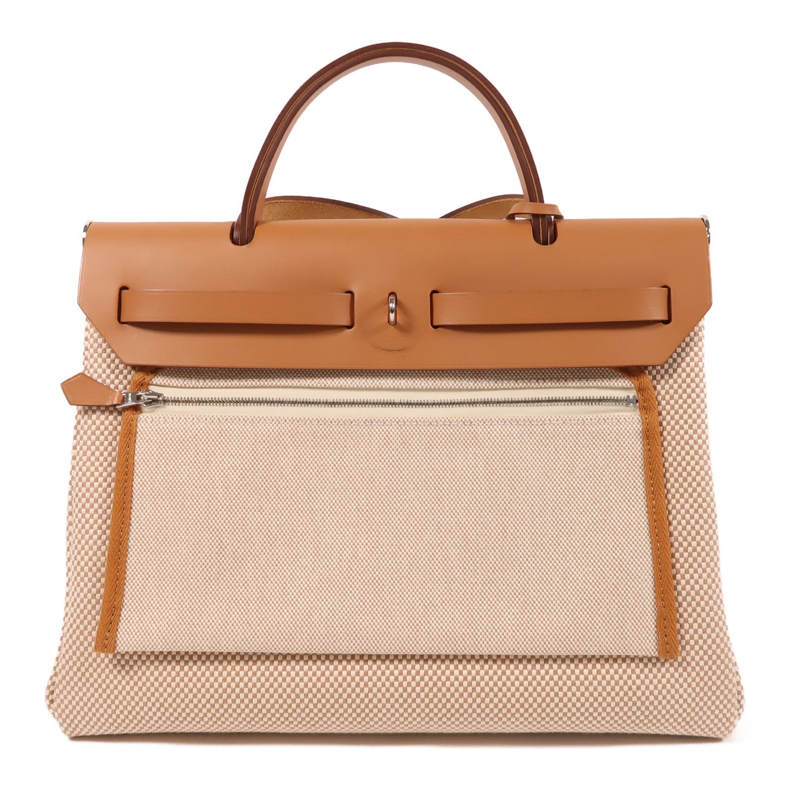 HERMES 帆布Herbag PM銀扣手挽肩背兩用袋米色/焦糖色
