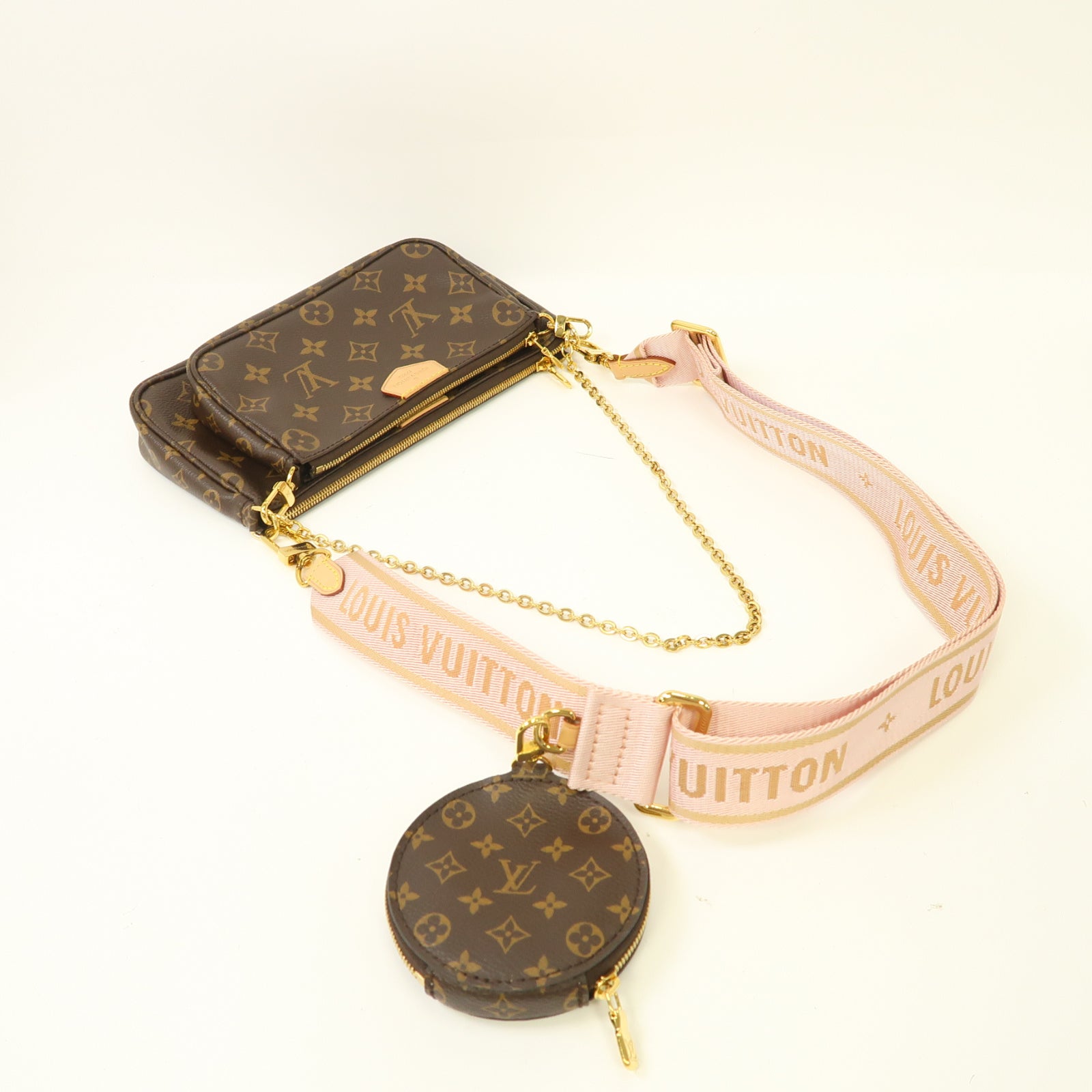 LOUIS VUITTON Monogram Multi Pochette金扣手挽肩背兩用袋啡色/粉紅色