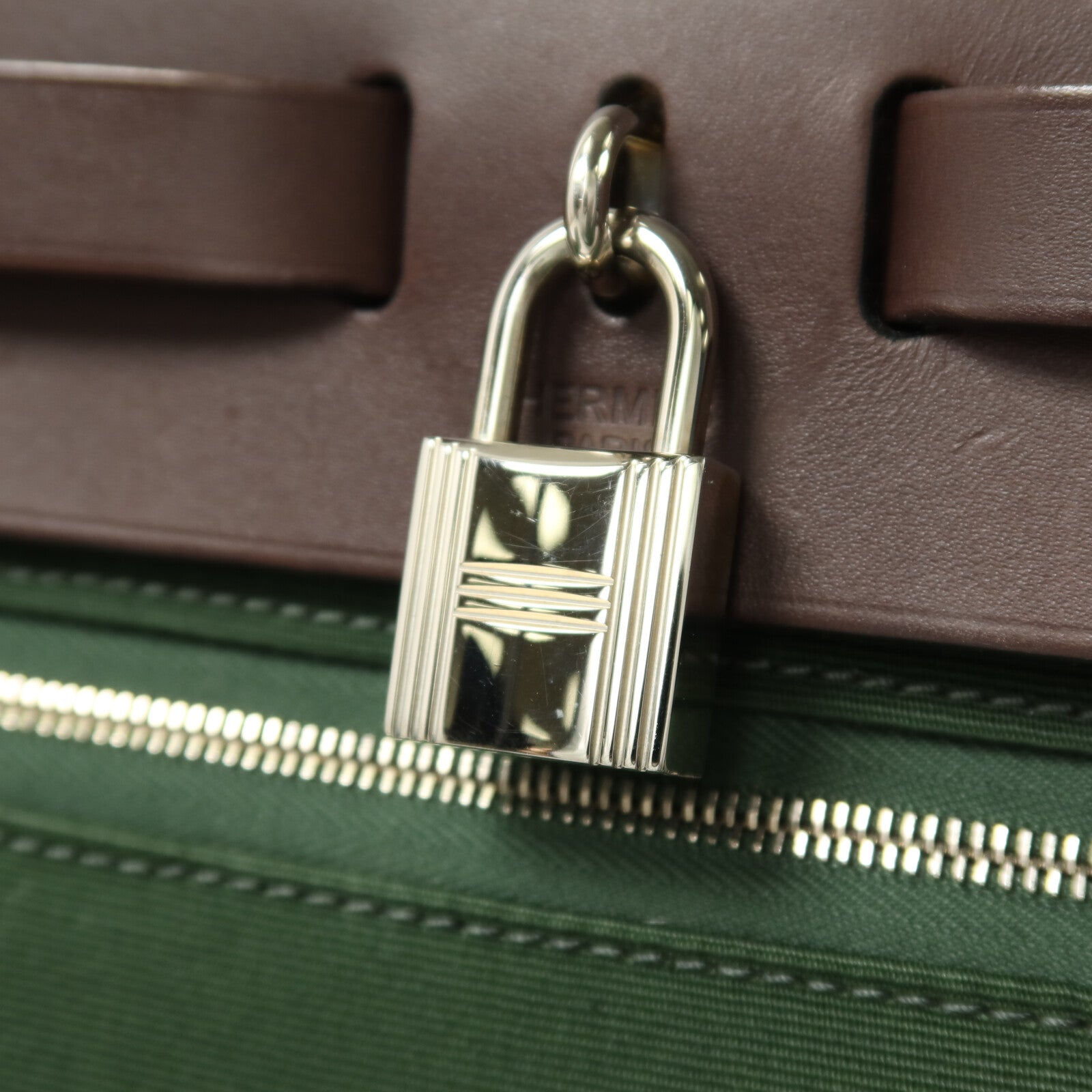 HERMES 帆布Herbag PM銀扣手挽肩背兩用袋Vert Anglais