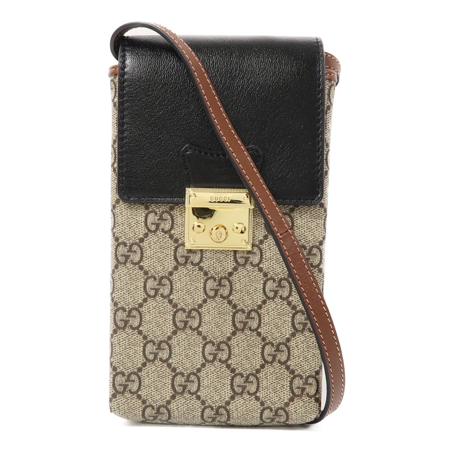 GUCCI 塗層帆布Phone Bag金扣肩背袋米色