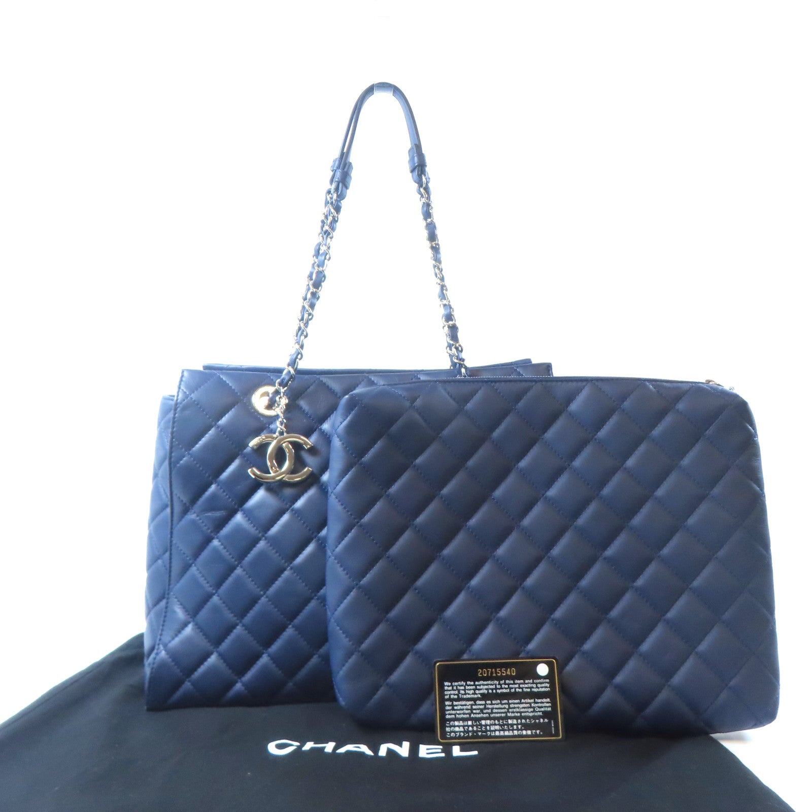 CHANEL 羊皮皮革Tote Bag銀扣肩背袋藍色