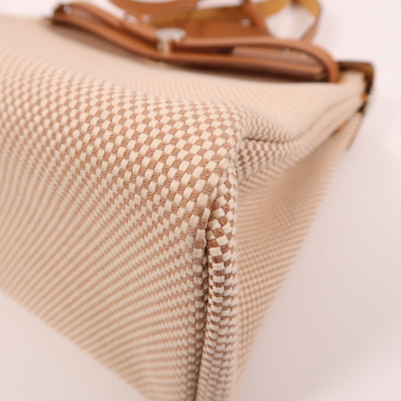 HERMES 帆布Herbag PM銀扣手挽肩背兩用袋米色/焦糖色