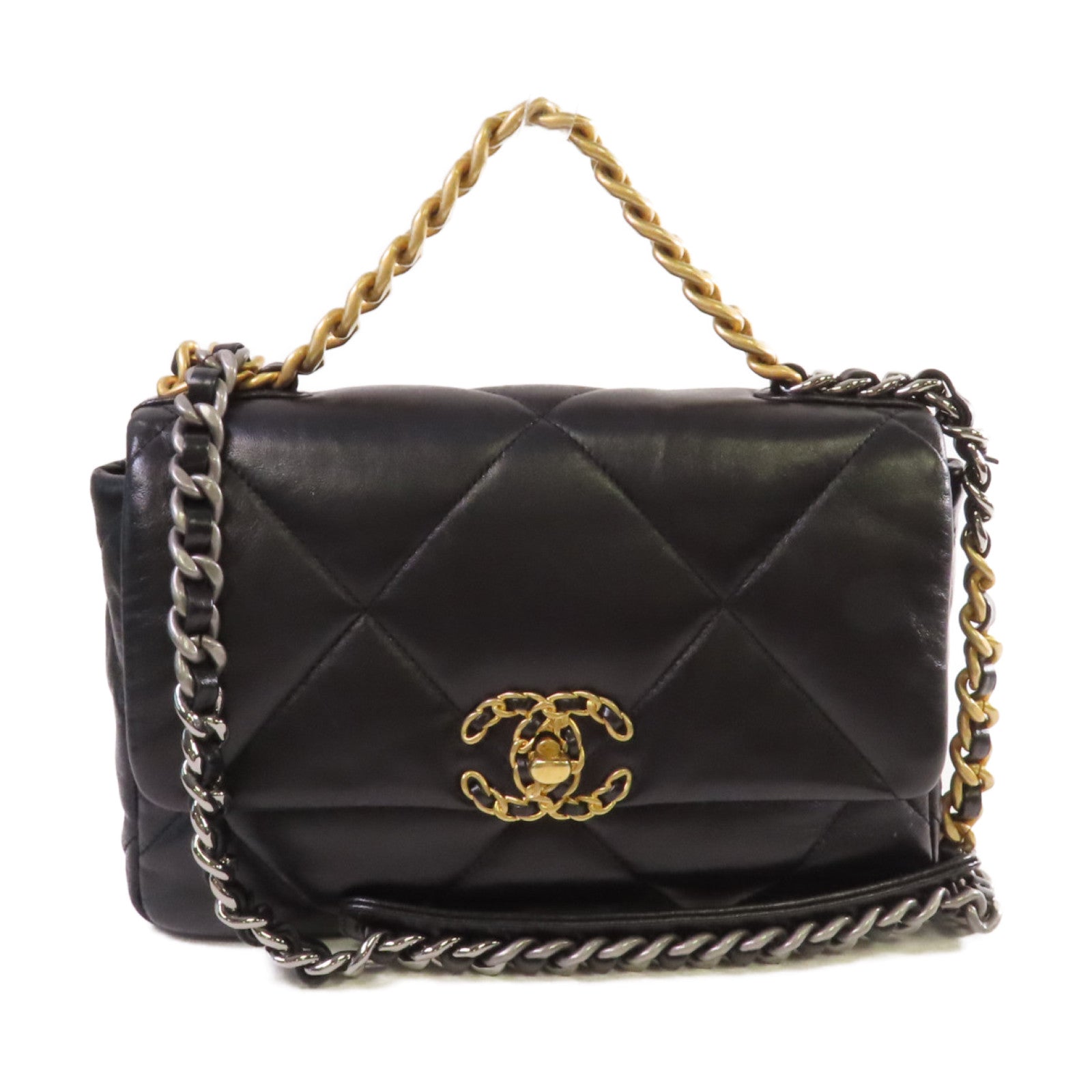 CHANEL 菱格羊皮皮革Chanel 19 2Way Shoulder Bag金扣鏈帶手挽肩背兩用袋黑色
