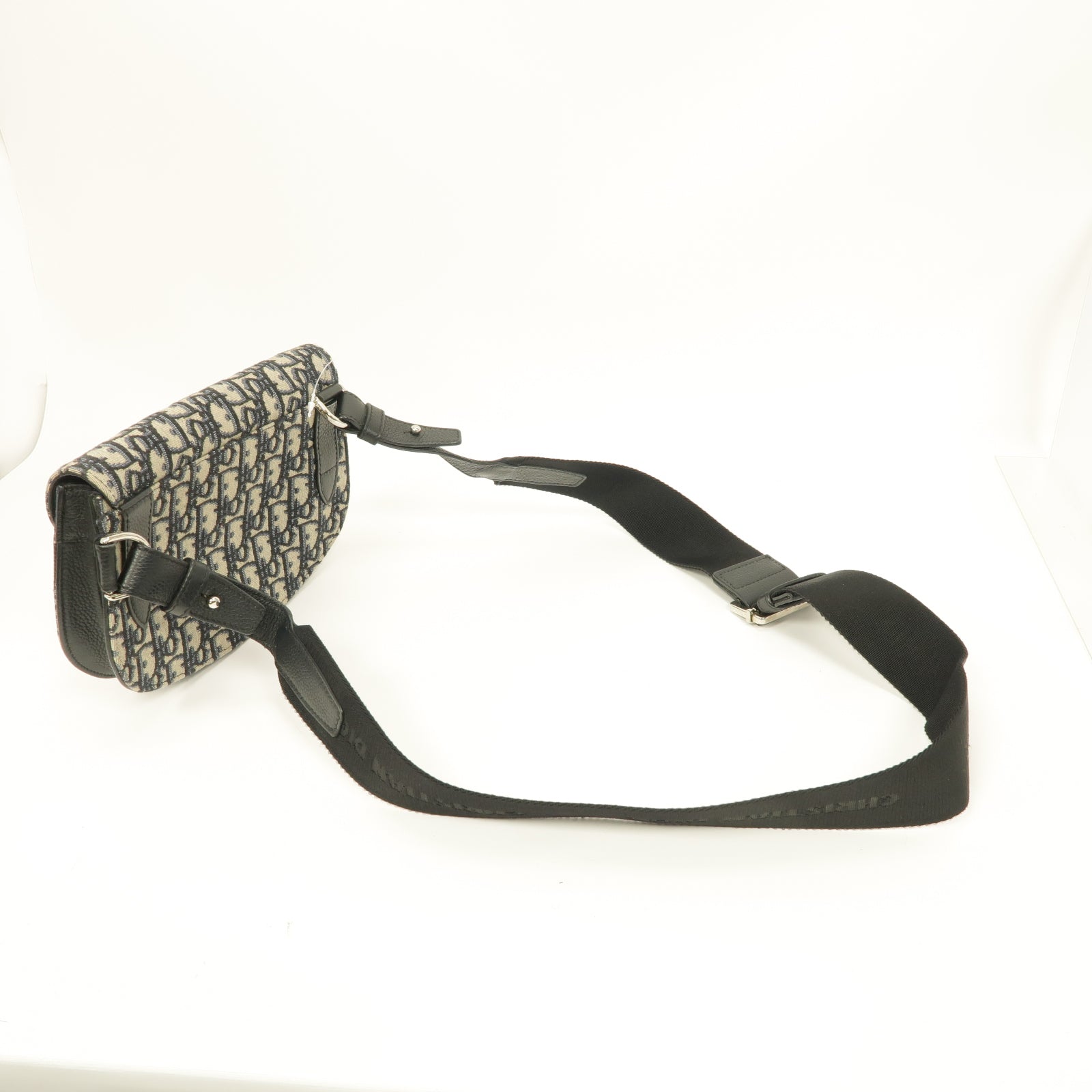 Dior 帆布/皮革Saddle Pouch Bag銀扣肩背袋黑色米色